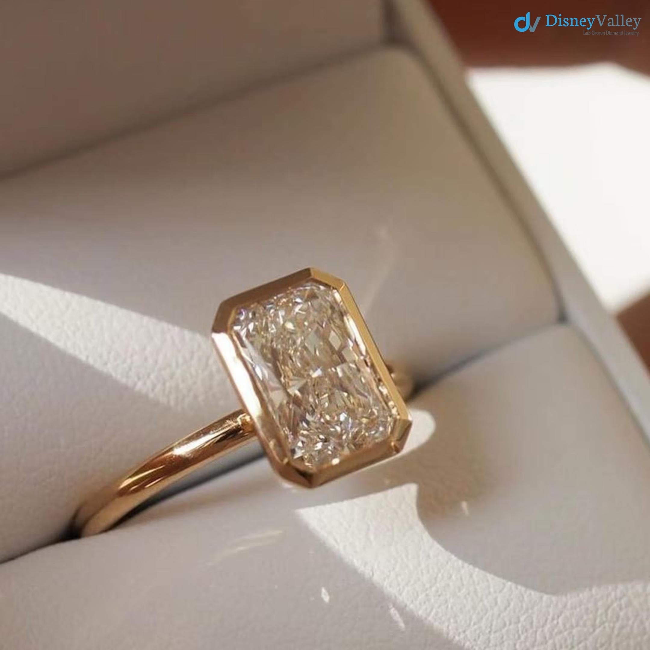 3.00 Ct IGI CERTIFIED Elongated Radiant Cut Lab Grown Diamond Bezel Set Solitaire Engagement Ring - DisneyValley 