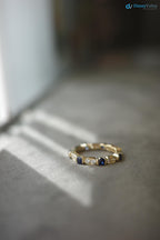 Blue Sapphire and Diamond Wedding Ring in 14K Yellow Gold Unique Wedding Band - DisneyValley 
