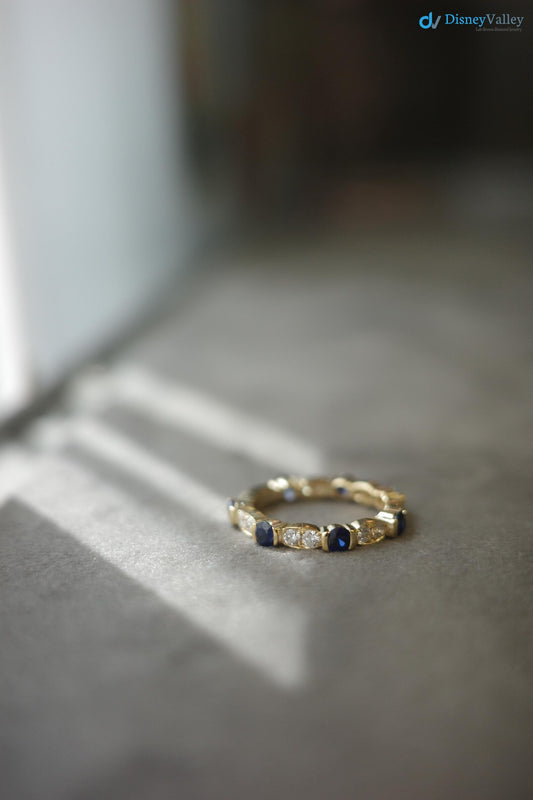 Blue Sapphire and Diamond Wedding Ring in 14K Yellow Gold Unique Wedding Band - DisneyValley 