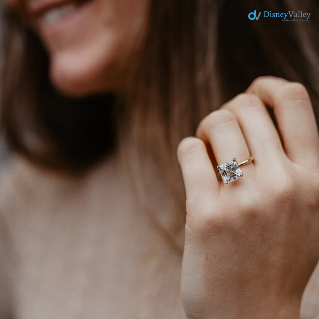The Elissa Ring Asscher Lab Diamond Dainty Engagement Solitaire Rings - DisneyValley 