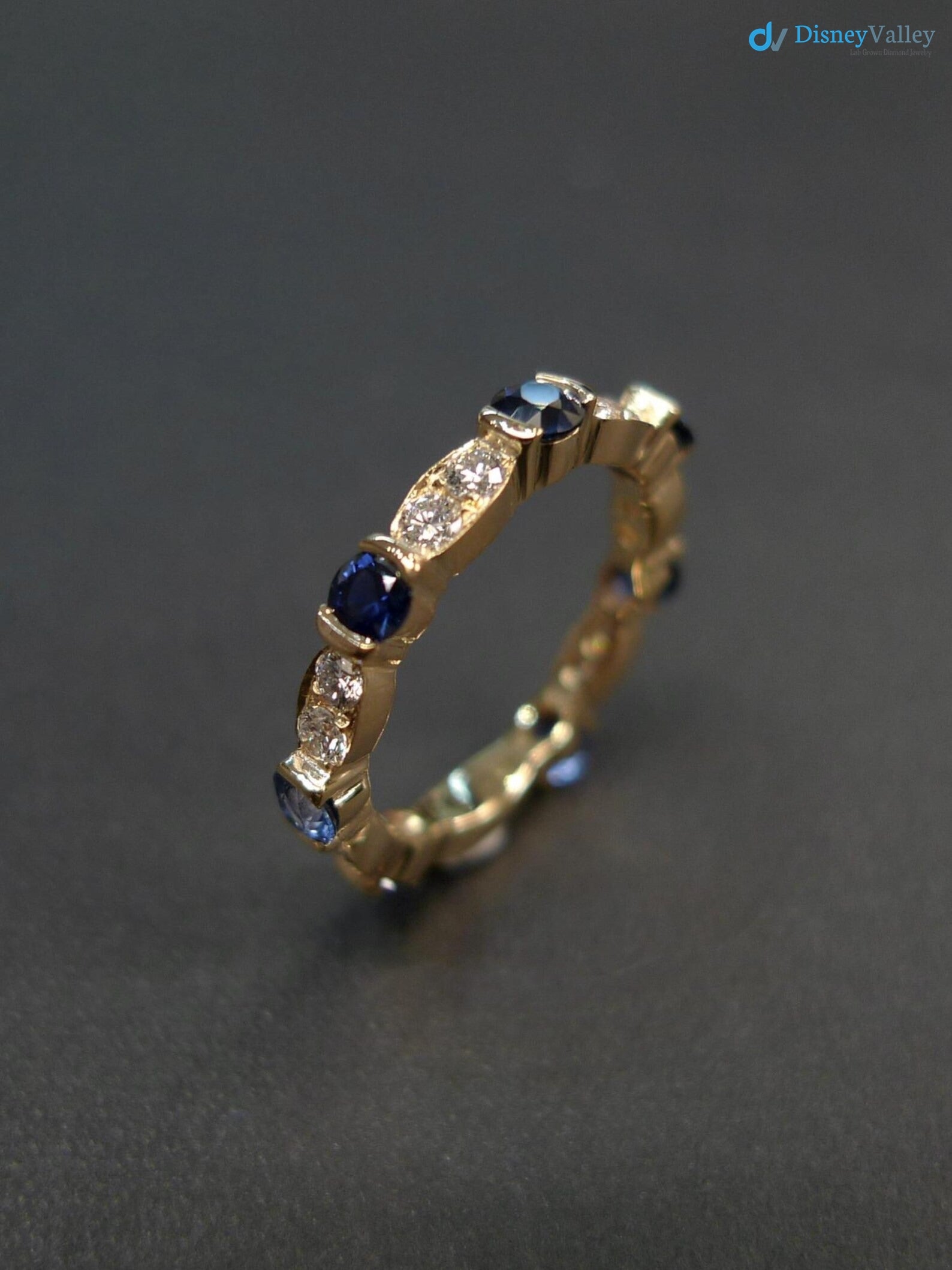 Blue Sapphire and Diamond Wedding Ring in 14K Yellow Gold Unique Wedding Band - DisneyValley 