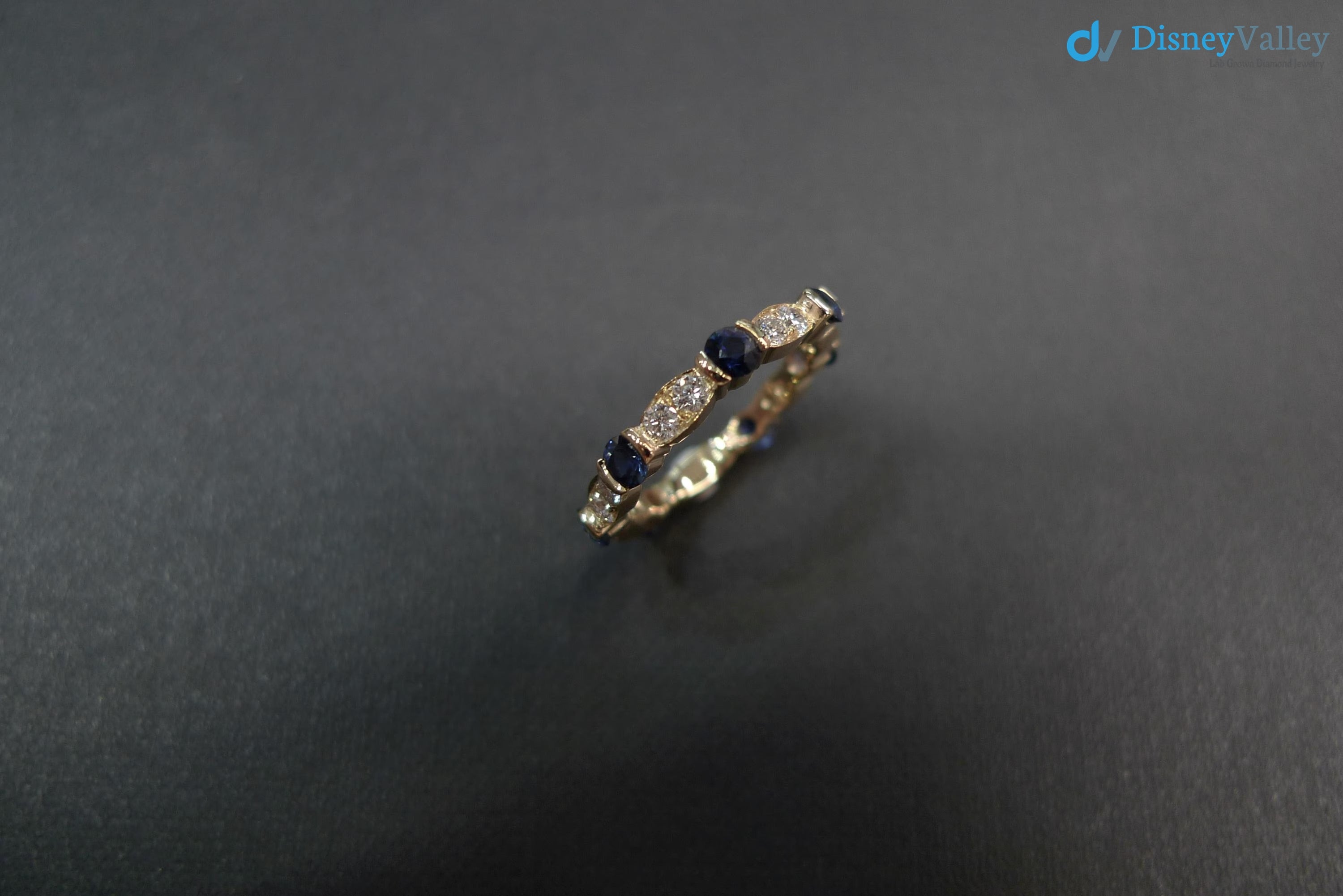 Blue Sapphire and Diamond Wedding Ring in 14K Yellow Gold Unique Wedding Band - DisneyValley 