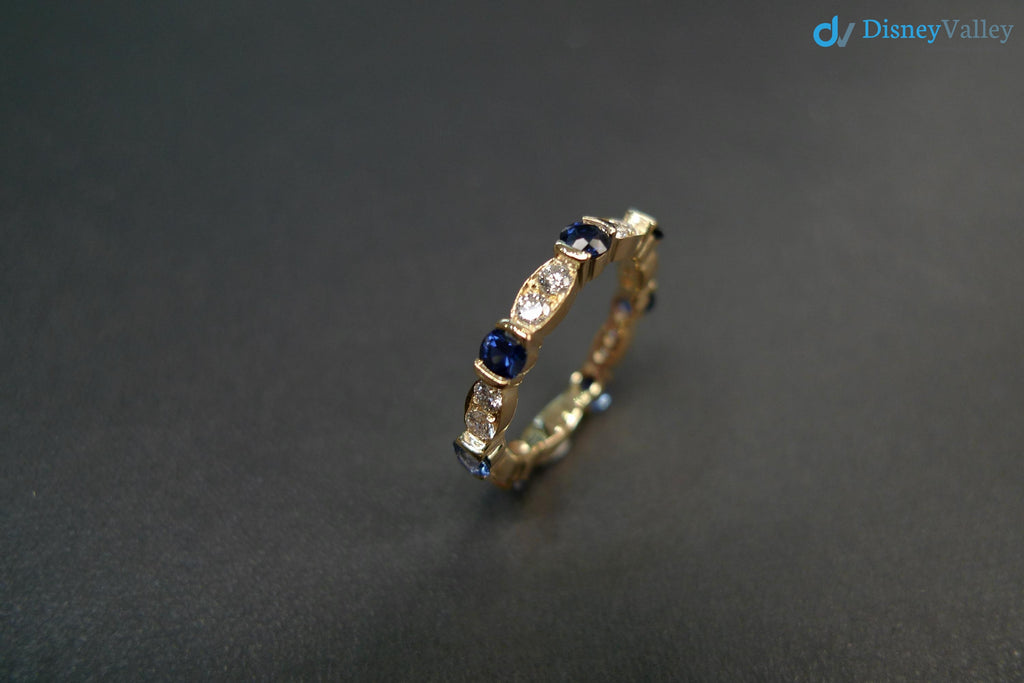 Blue Sapphire and Diamond Wedding Ring in 14K Yellow Gold Unique Wedding Band - DisneyValley 