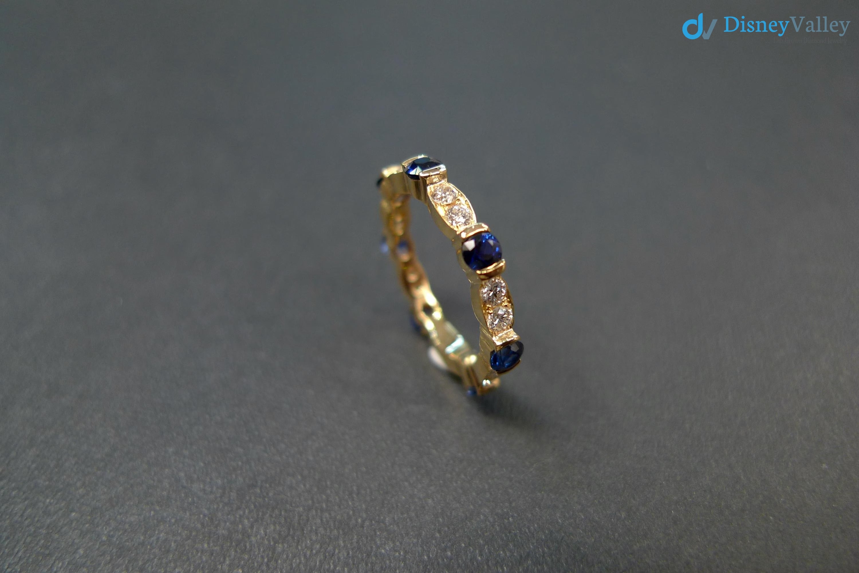 Blue Sapphire and Diamond Wedding Ring in 14K Yellow Gold Unique Wedding Band - DisneyValley 