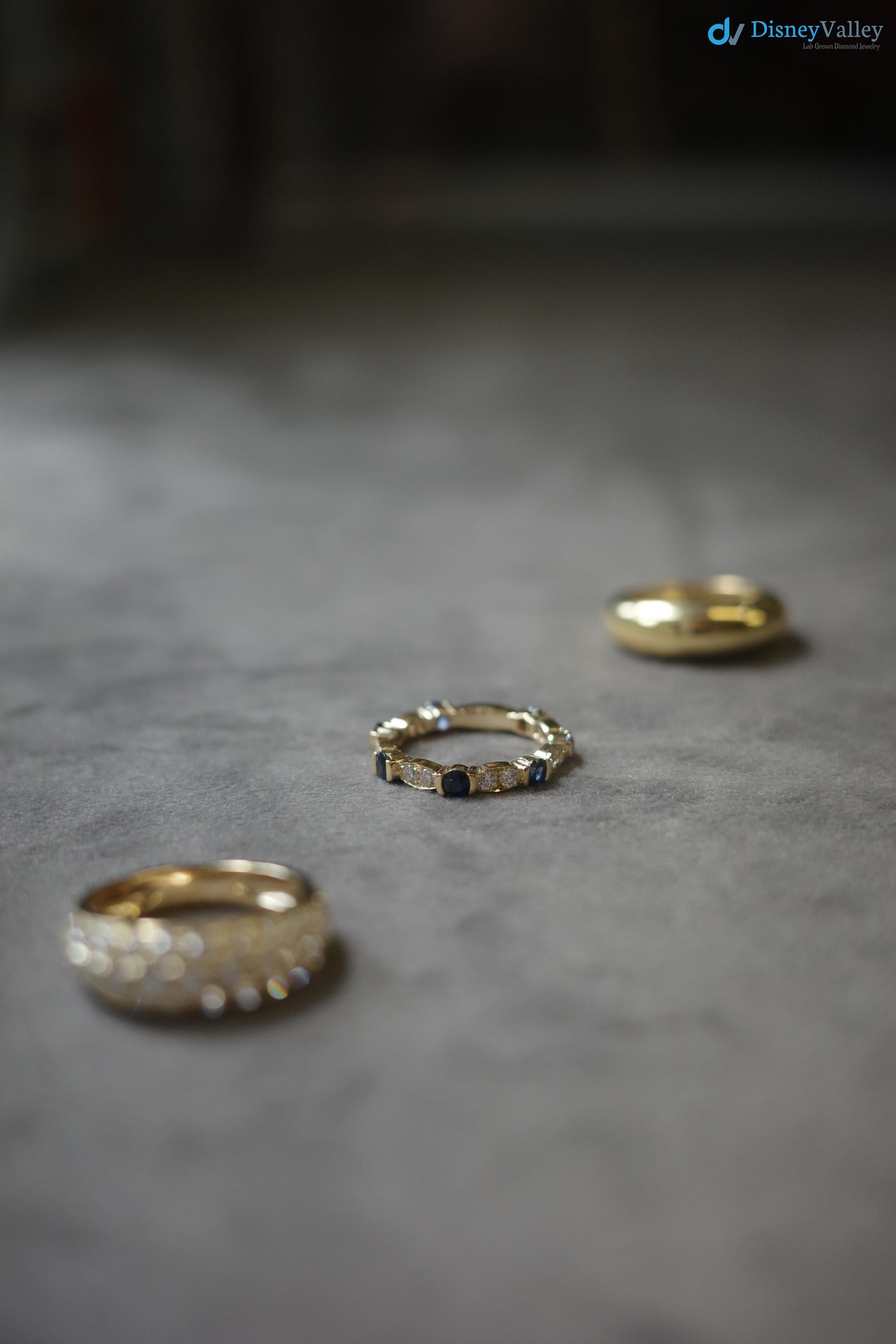 Blue Sapphire and Diamond Wedding Ring in 14K Yellow Gold Unique Wedding Band - DisneyValley 
