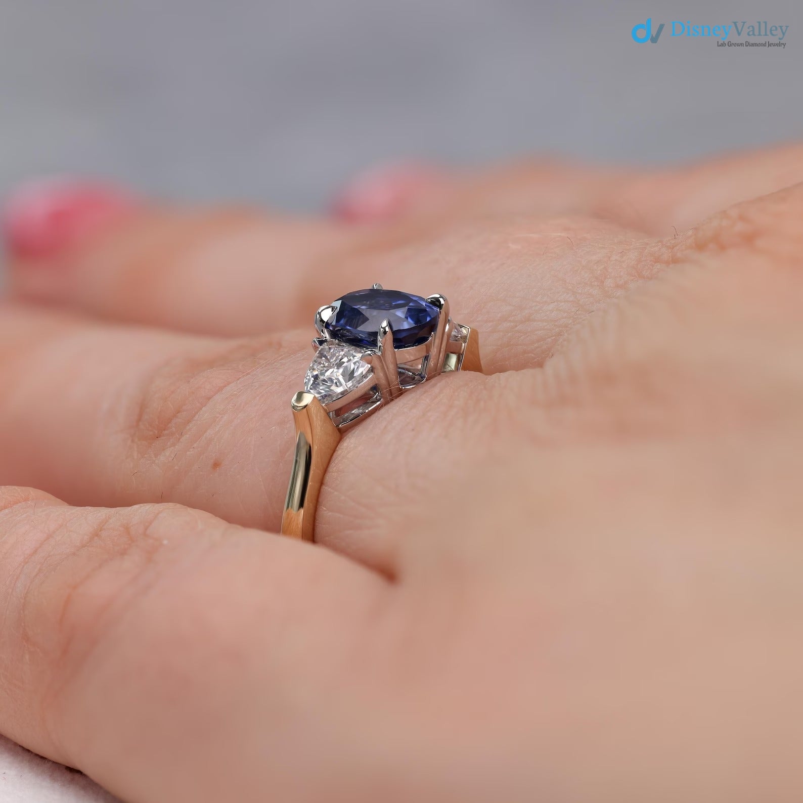 Oval Sapphire and Diamond Trillion Engagement Ring Two toned Three Stone Ring - DisneyValley 