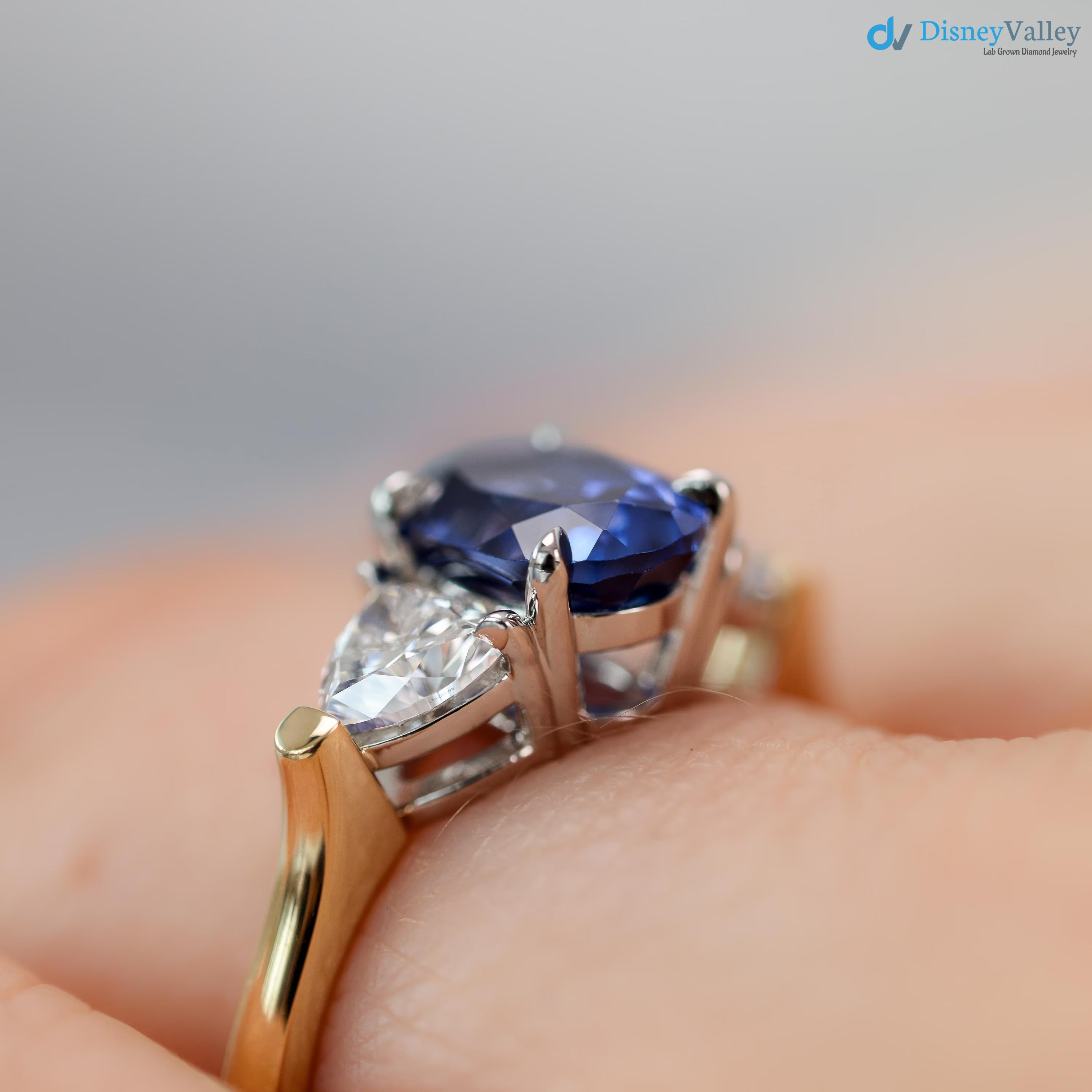 Oval Sapphire and Diamond Trillion Engagement Ring Two toned Three Stone Ring - DisneyValley 