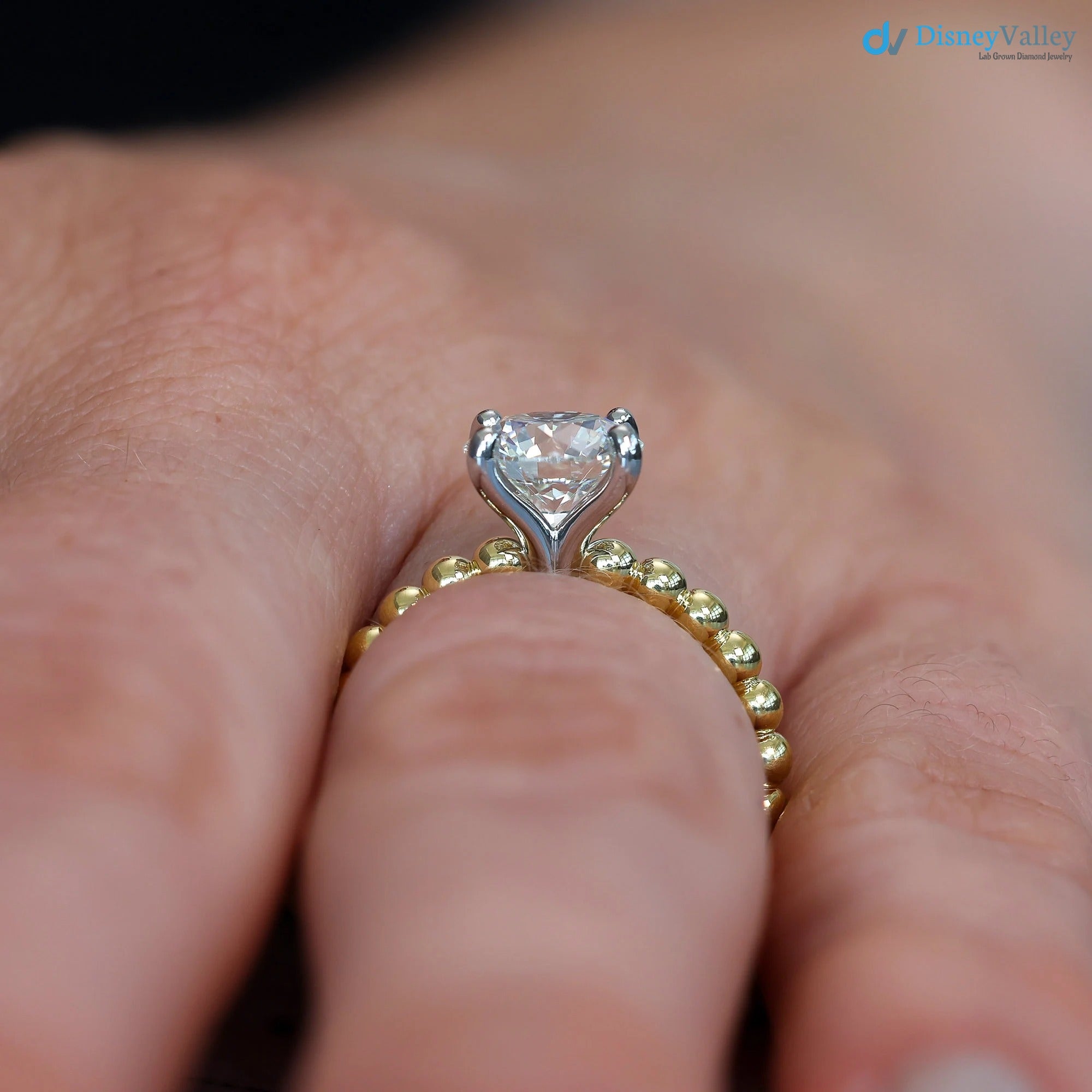 Beaded Diamond Engagement Ring Two-Toned Mixed Metal Solitaire ring - DisneyValley 
