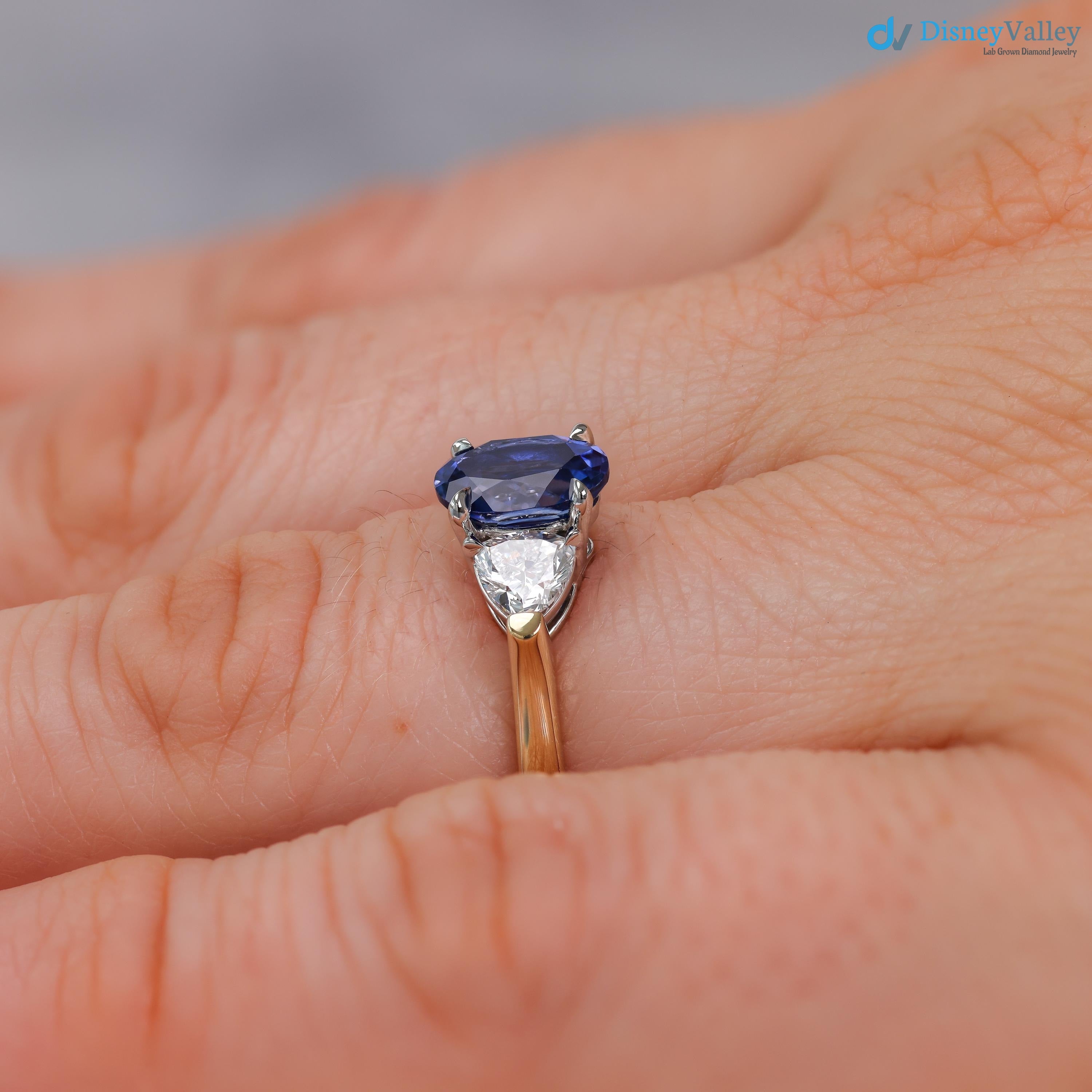 Oval Sapphire and Diamond Trillion Engagement Ring Two toned Three Stone Ring - DisneyValley 