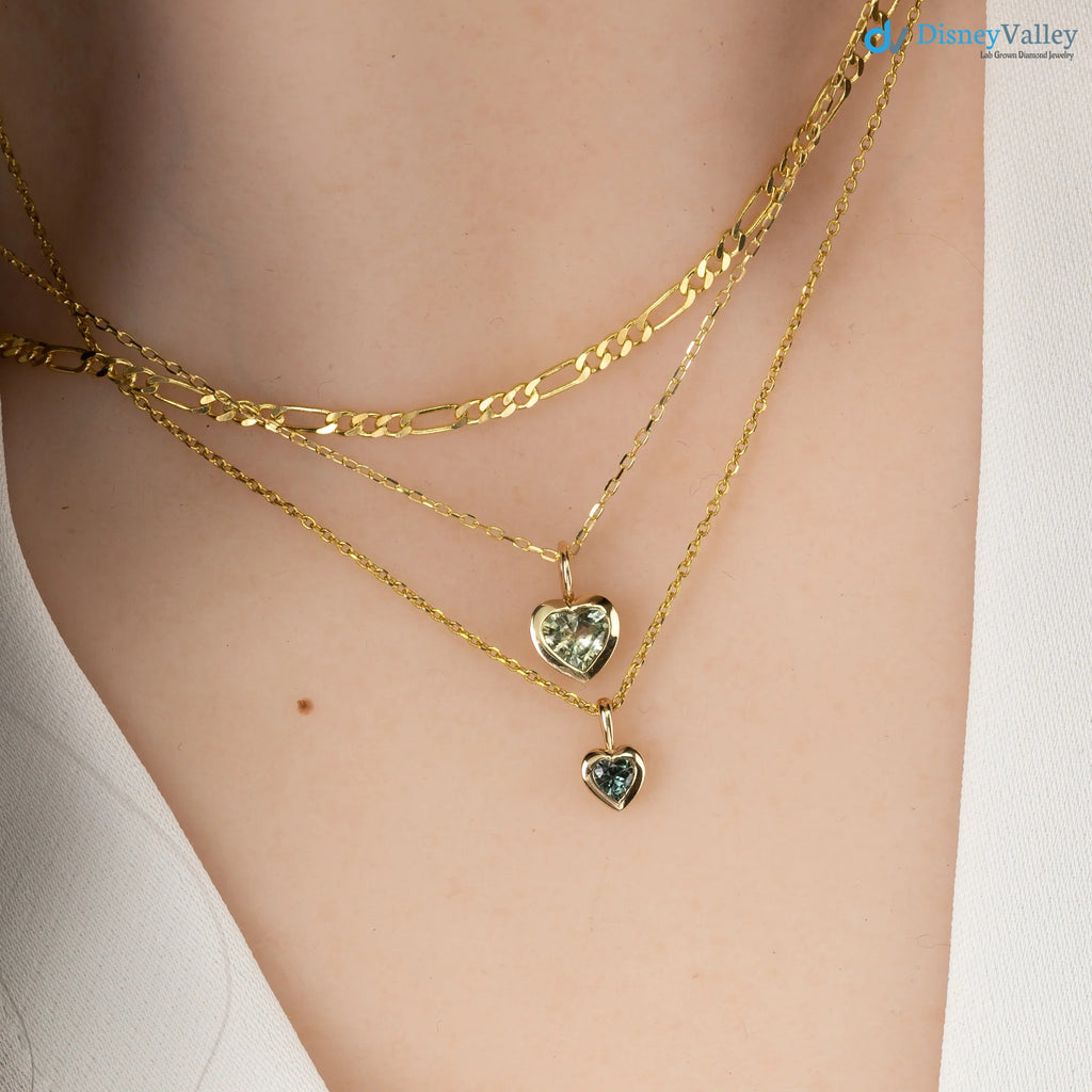 Green Sapphire Heart diamond Necklace and cable chain