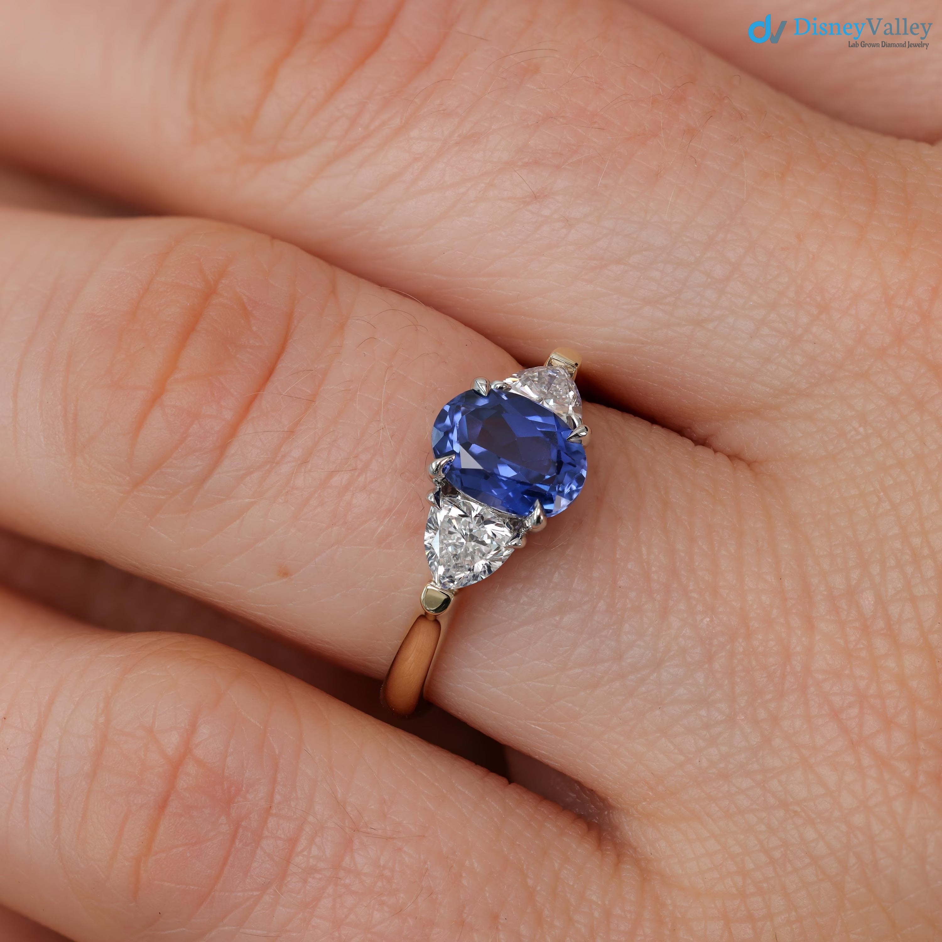 Oval Sapphire and Diamond Trillion Engagement Ring Two toned Three Stone Ring - DisneyValley 