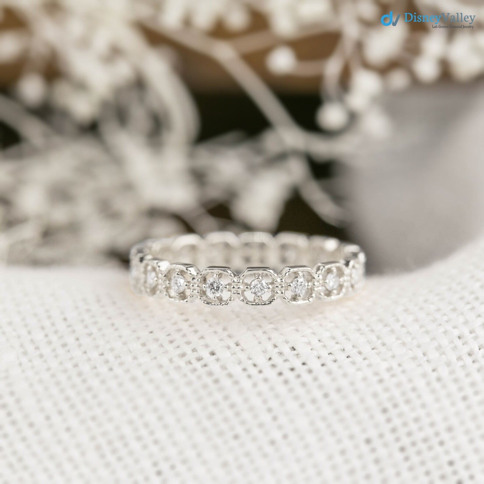 Unique Diamond Eternity Wedding band, vintage inspired eternity ring