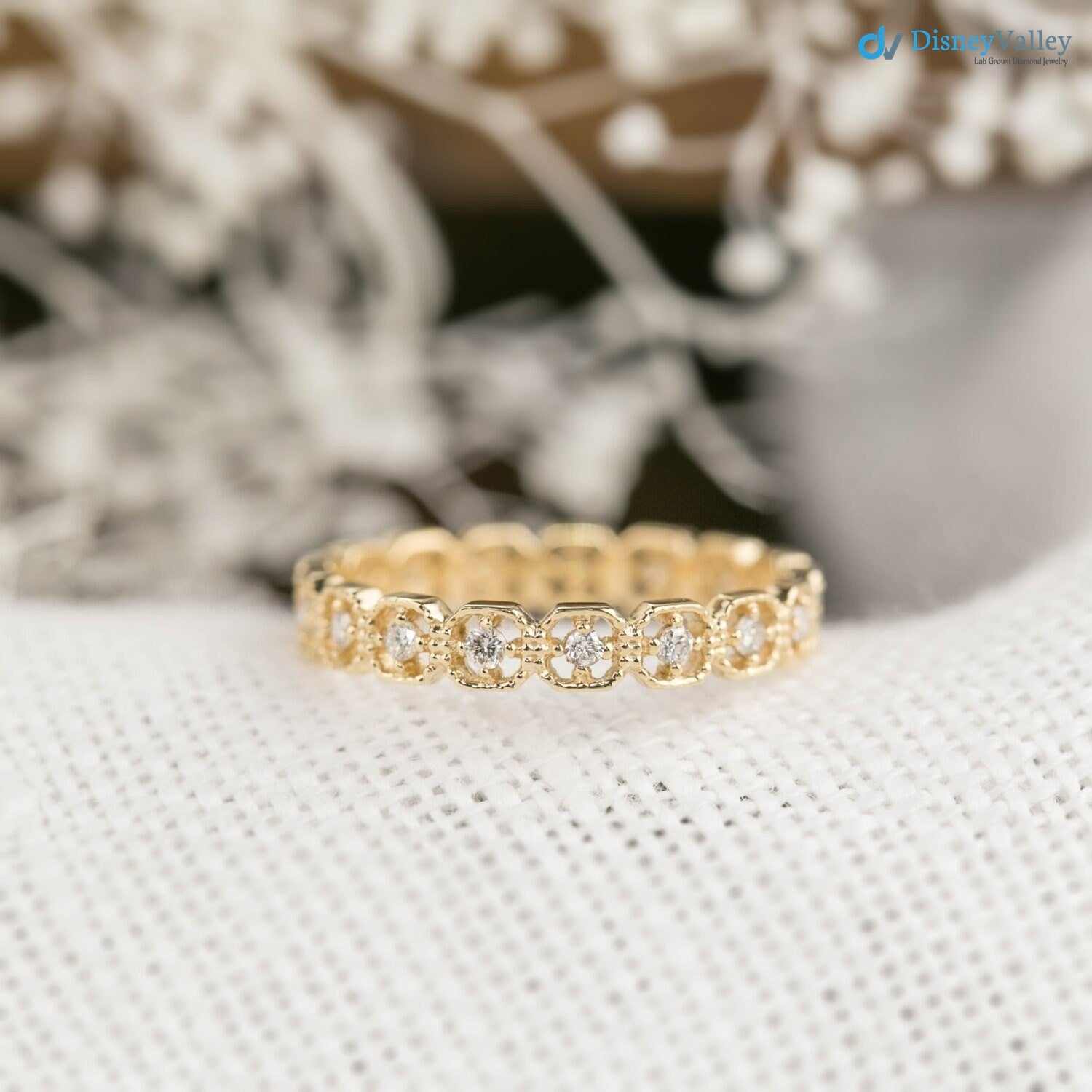 Unique Diamond Eternity Wedding band, vintage inspired eternity ring