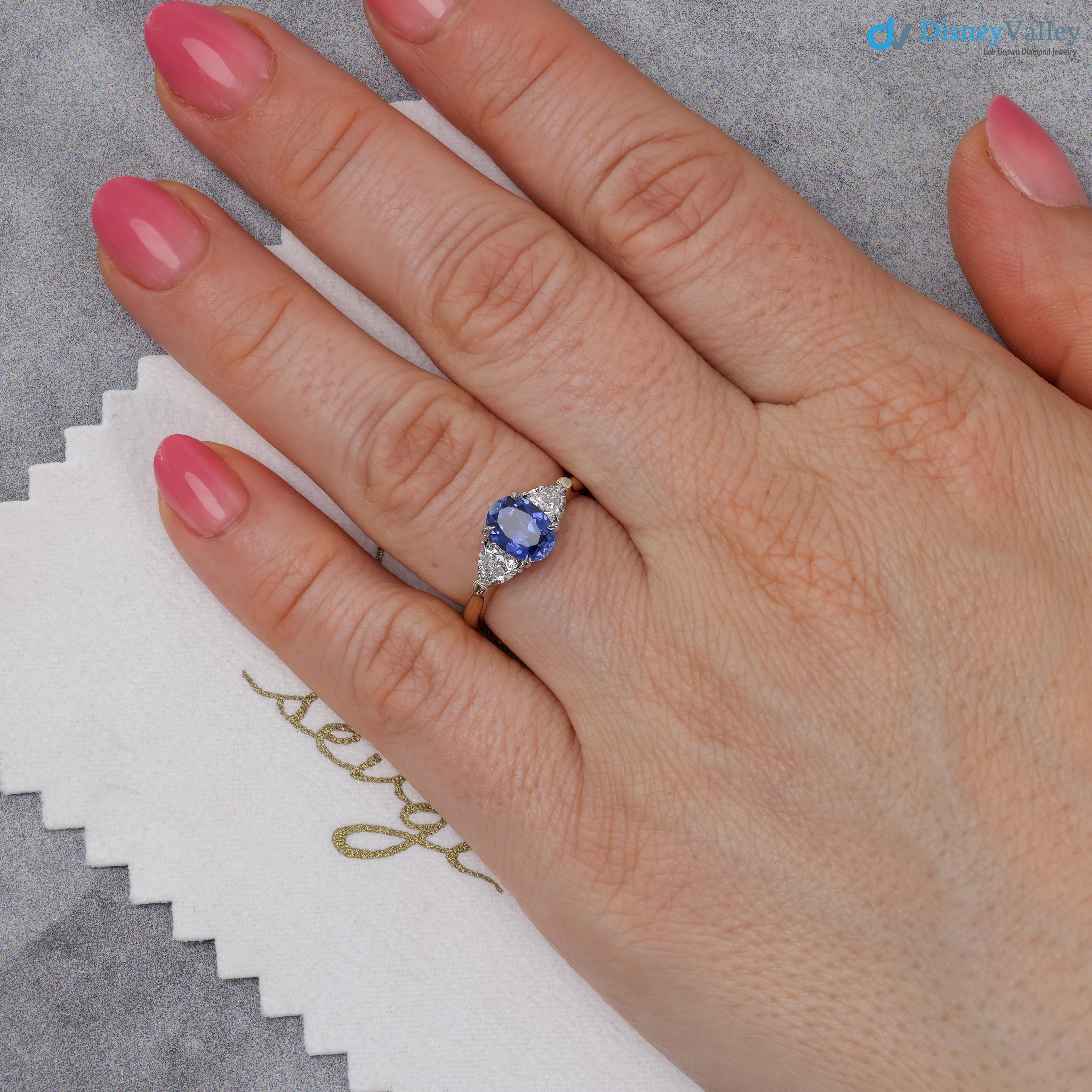 Oval Sapphire and Diamond Trillion Engagement Ring Two toned Three Stone Ring - DisneyValley 