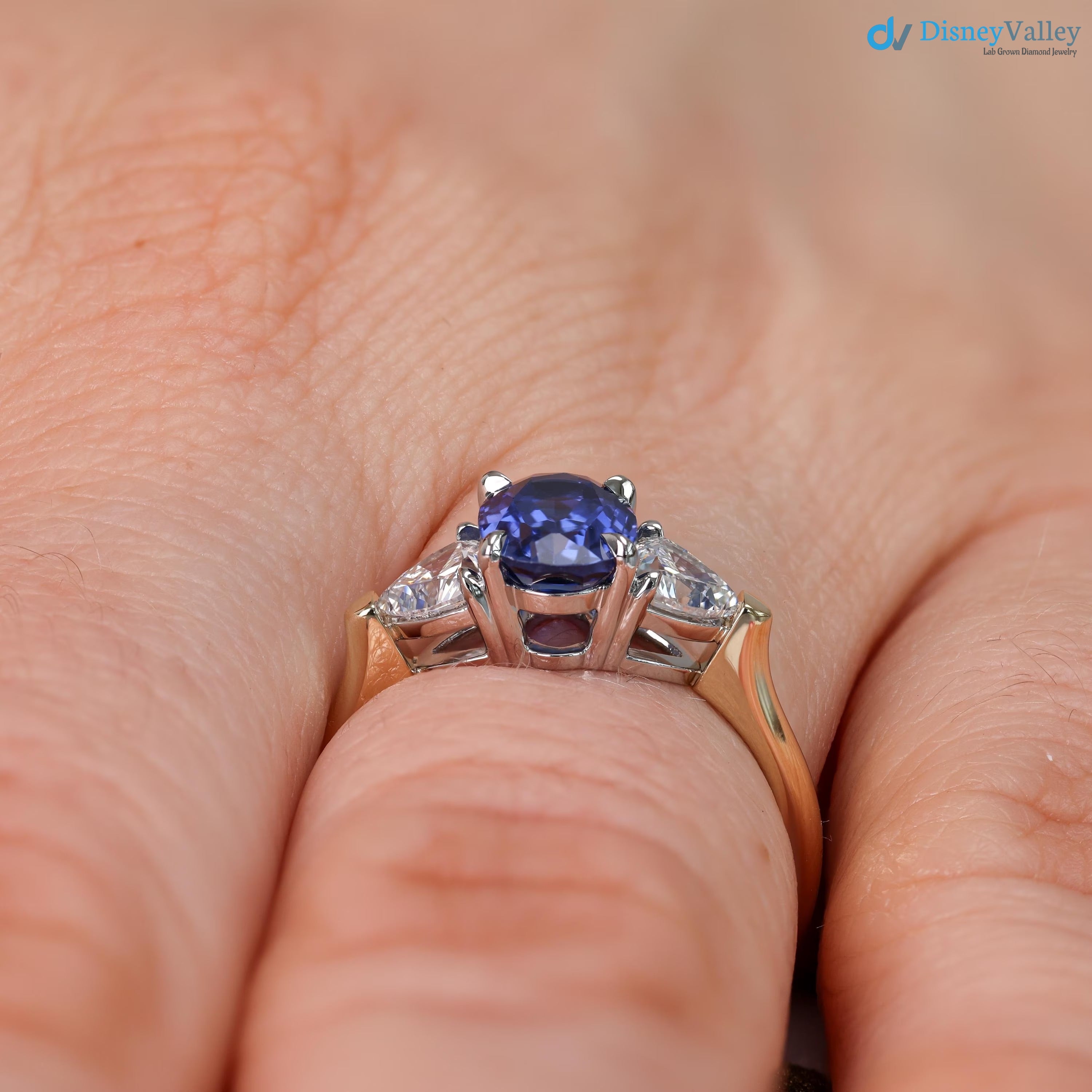 Oval Sapphire and Diamond Trillion Engagement Ring Two toned Three Stone Ring - DisneyValley 
