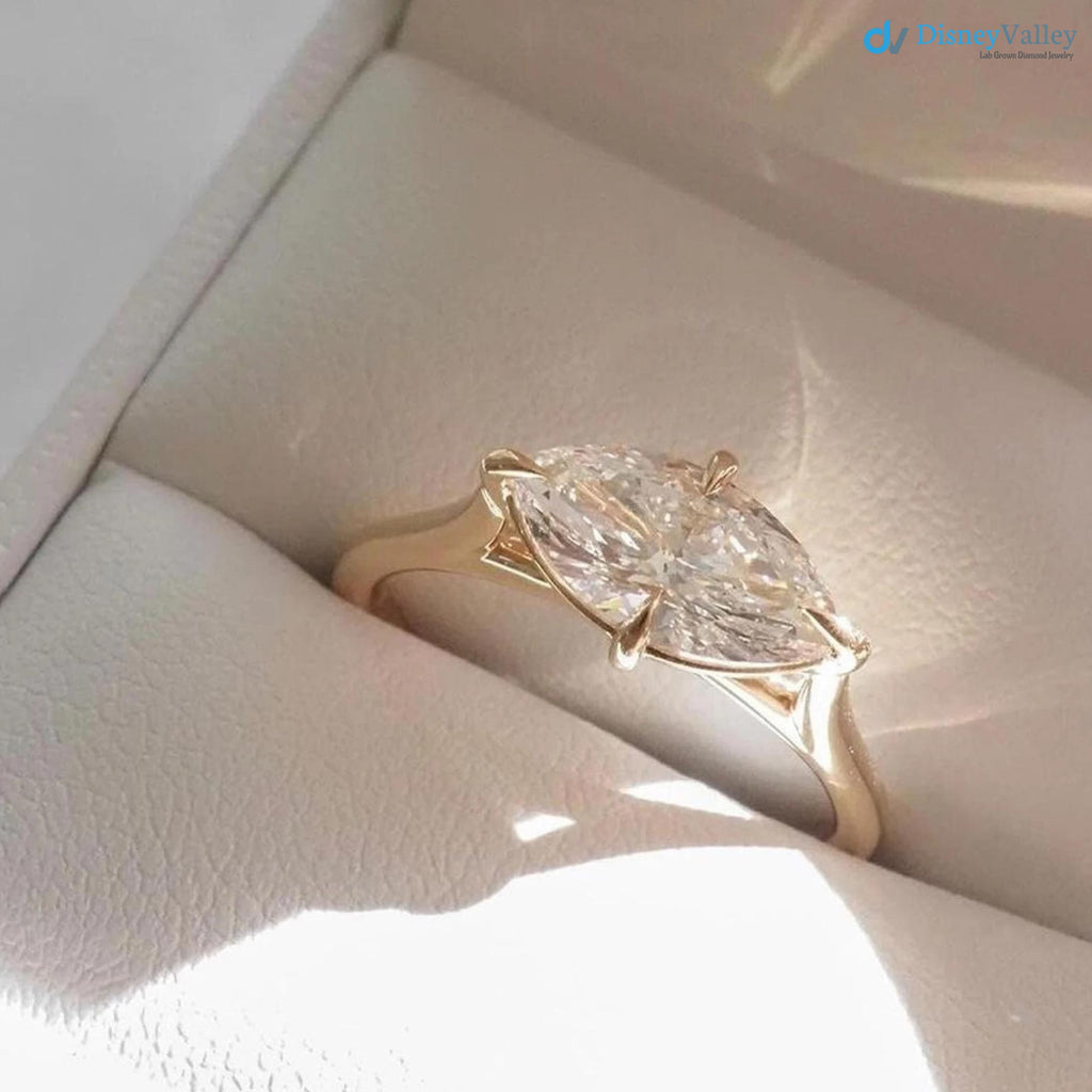 2.5 CT Marquise East West Engagement Ring, Marquise Cut Lab Grown Diamond Solitaire Ring, - DisneyValley 
