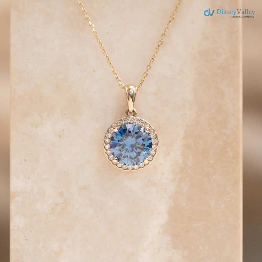 The Ninette Pendant 2.97ct Round Blue Moissanite & Lab Diamond Halo Solid Gold Main image