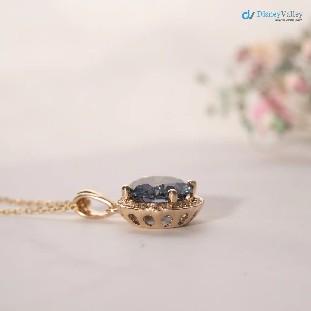 The Ninette Pendant 2.97ct Round Blue Moissanite & Lab Diamond Halo Solid Gold