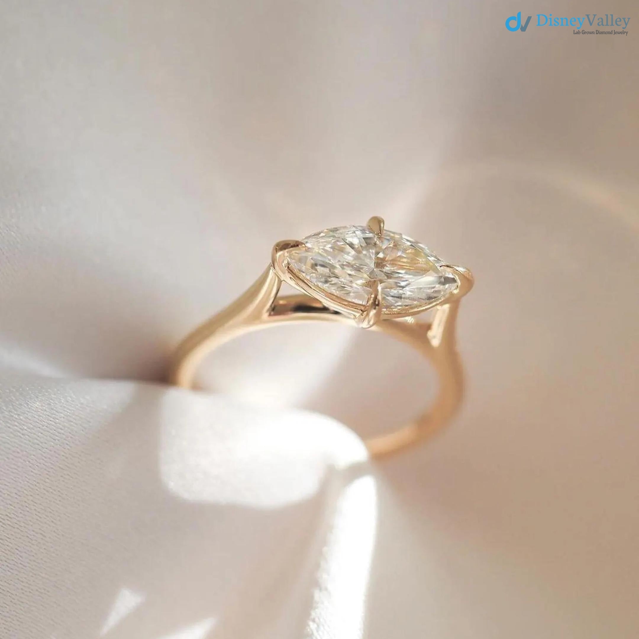 2.5 CT Marquise East West Engagement Ring, Marquise Cut Lab Grown Diamond Solitaire Ring, - DisneyValley 