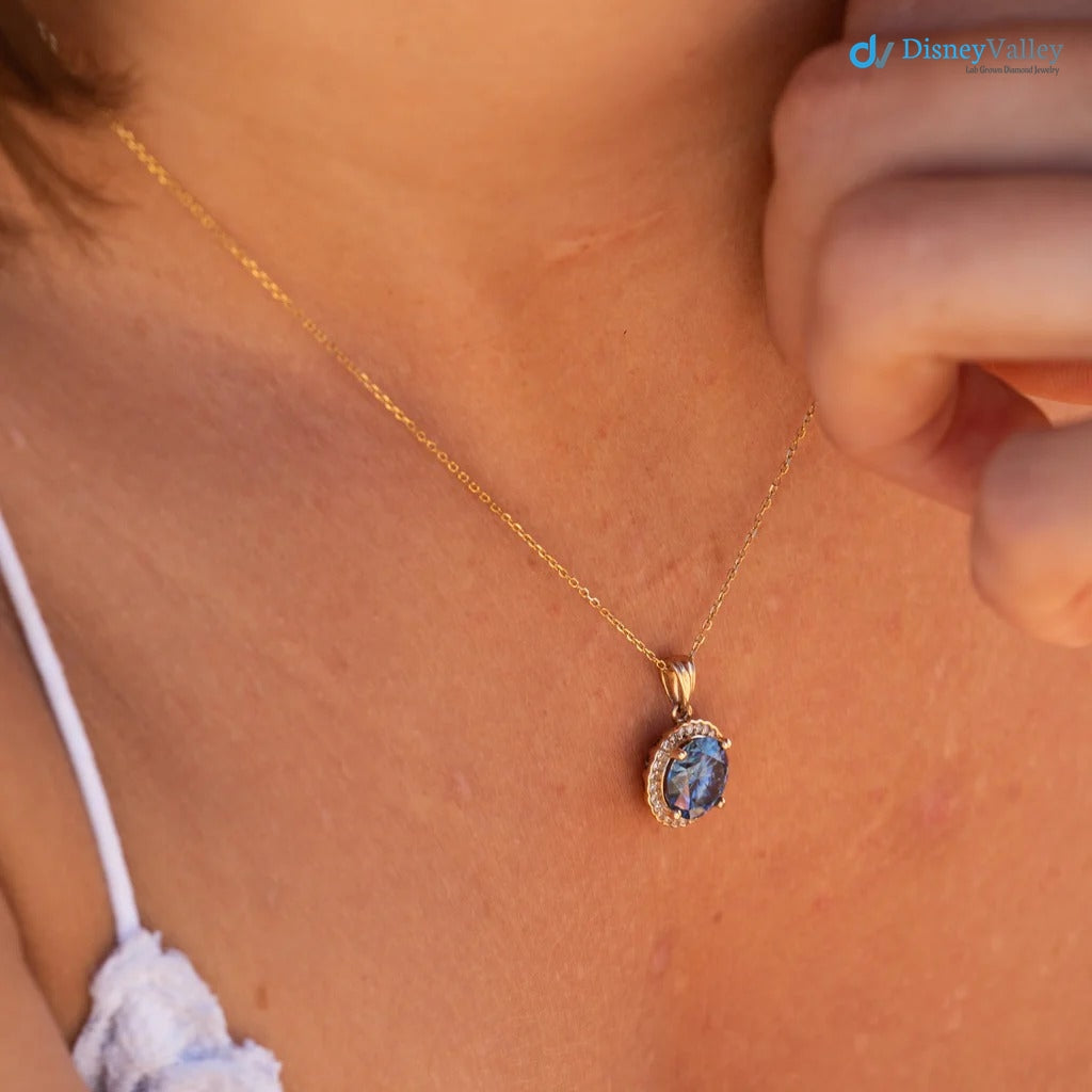 The Ninette Pendant 2.97ct Round Blue Moissanite & Lab Diamond Halo Solid Gold