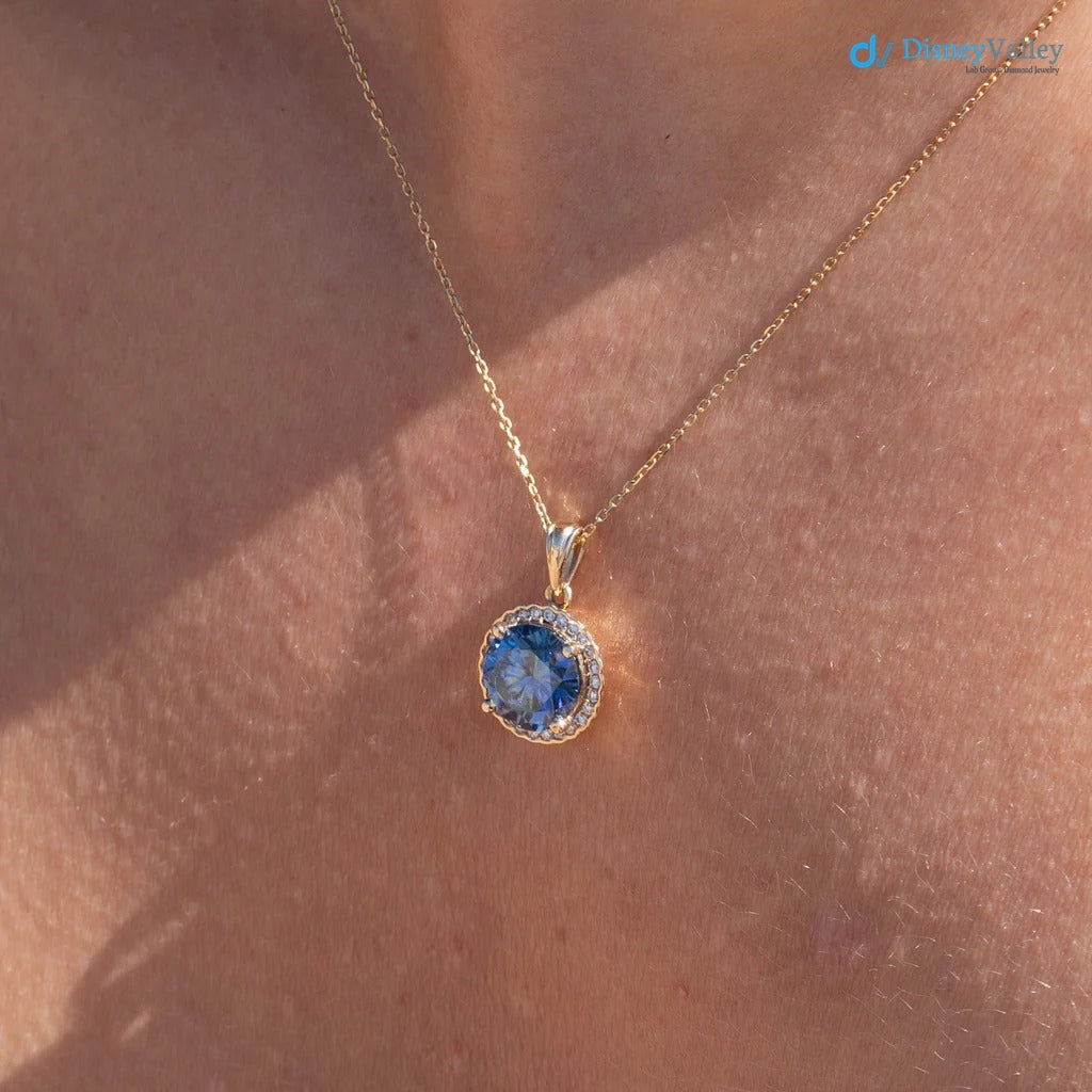 The Ninette Pendant 2.97ct Round Blue Moissanite & Lab Diamond Halo Solid Gold