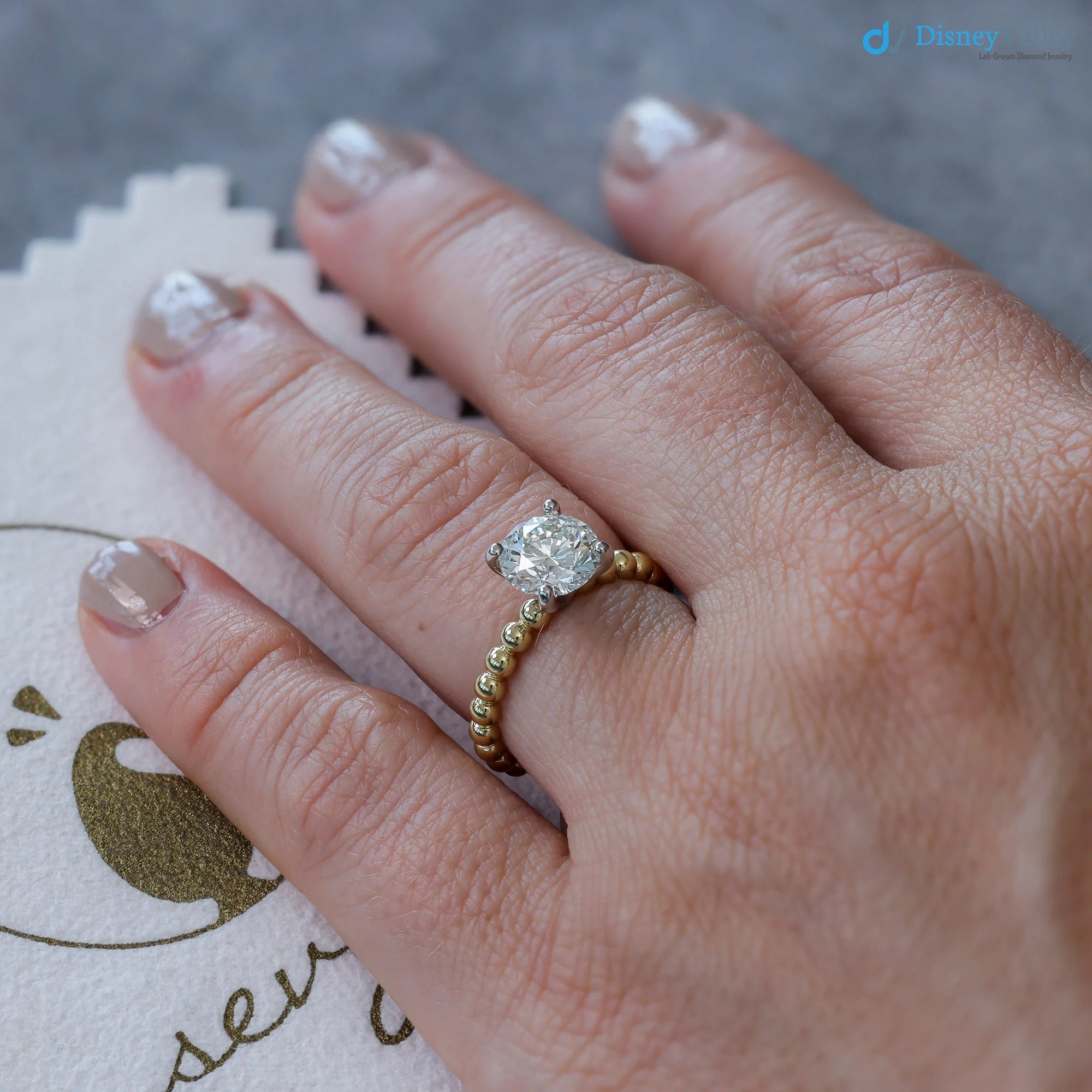 Beaded Diamond Engagement Ring Two-Toned Mixed Metal Solitaire ring - DisneyValley 