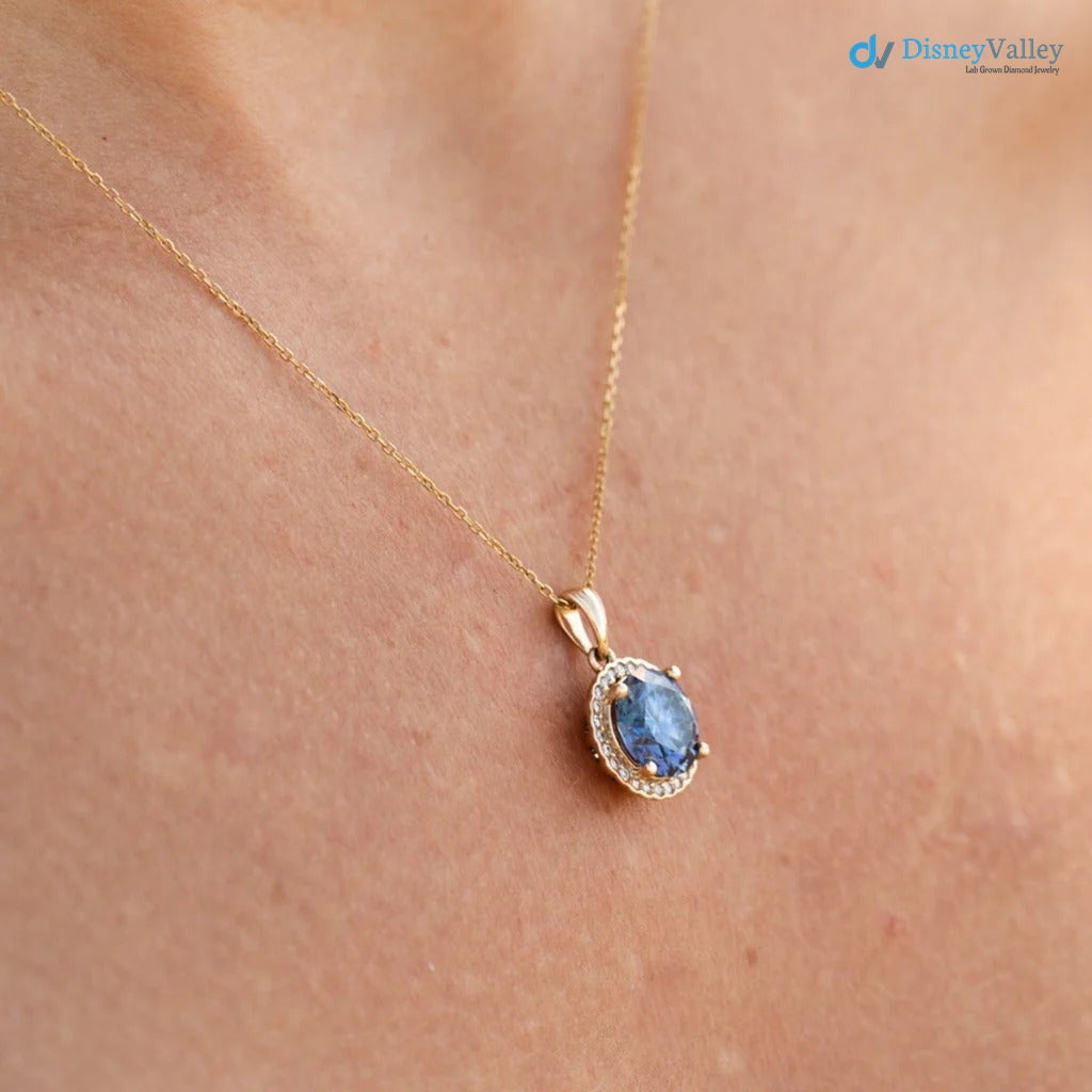 The Ninette Pendant 2.97ct Round Blue Moissanite & Lab Diamond Halo Solid Gold