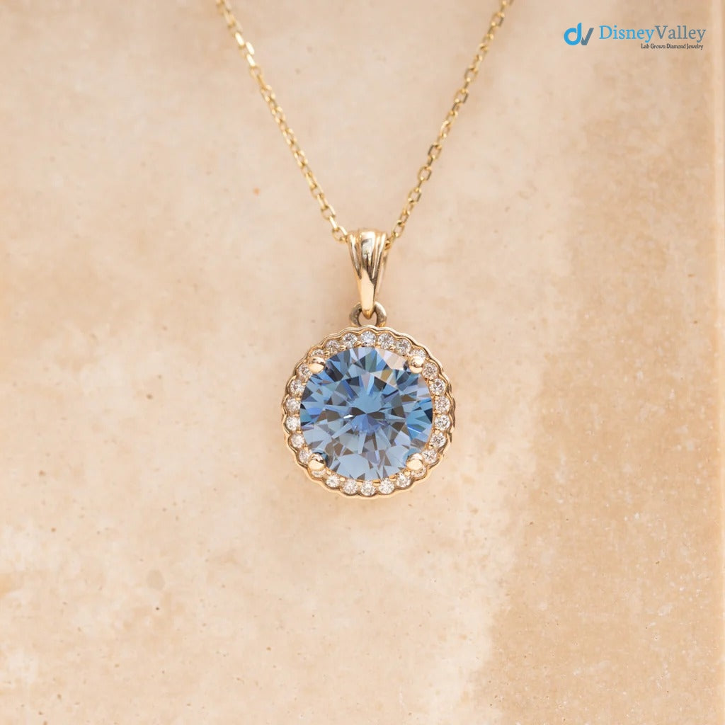 The Ninette Pendant 2.97ct Round Blue Moissanite & Lab Diamond Halo Solid Gold