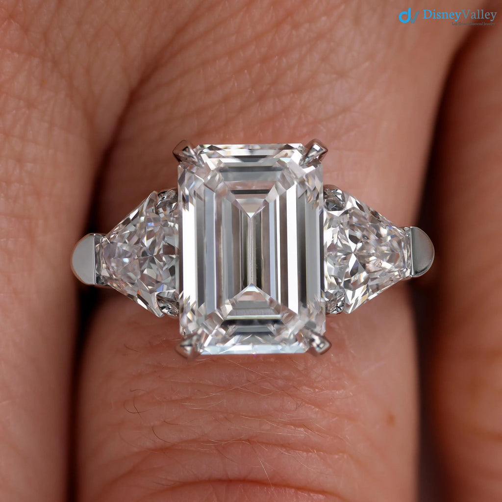 Emerald Cut Three Stone Engagement Ring Calf Cut Side Stones ring - DisneyValley 