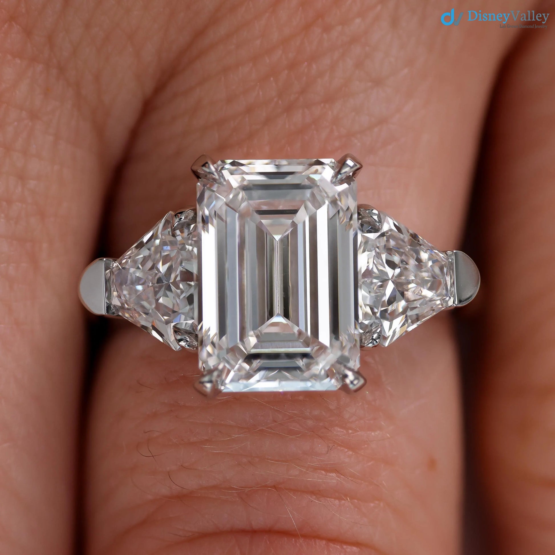 Emerald Cut Three Stone Engagement Ring Calf Cut Side Stones ring - DisneyValley 