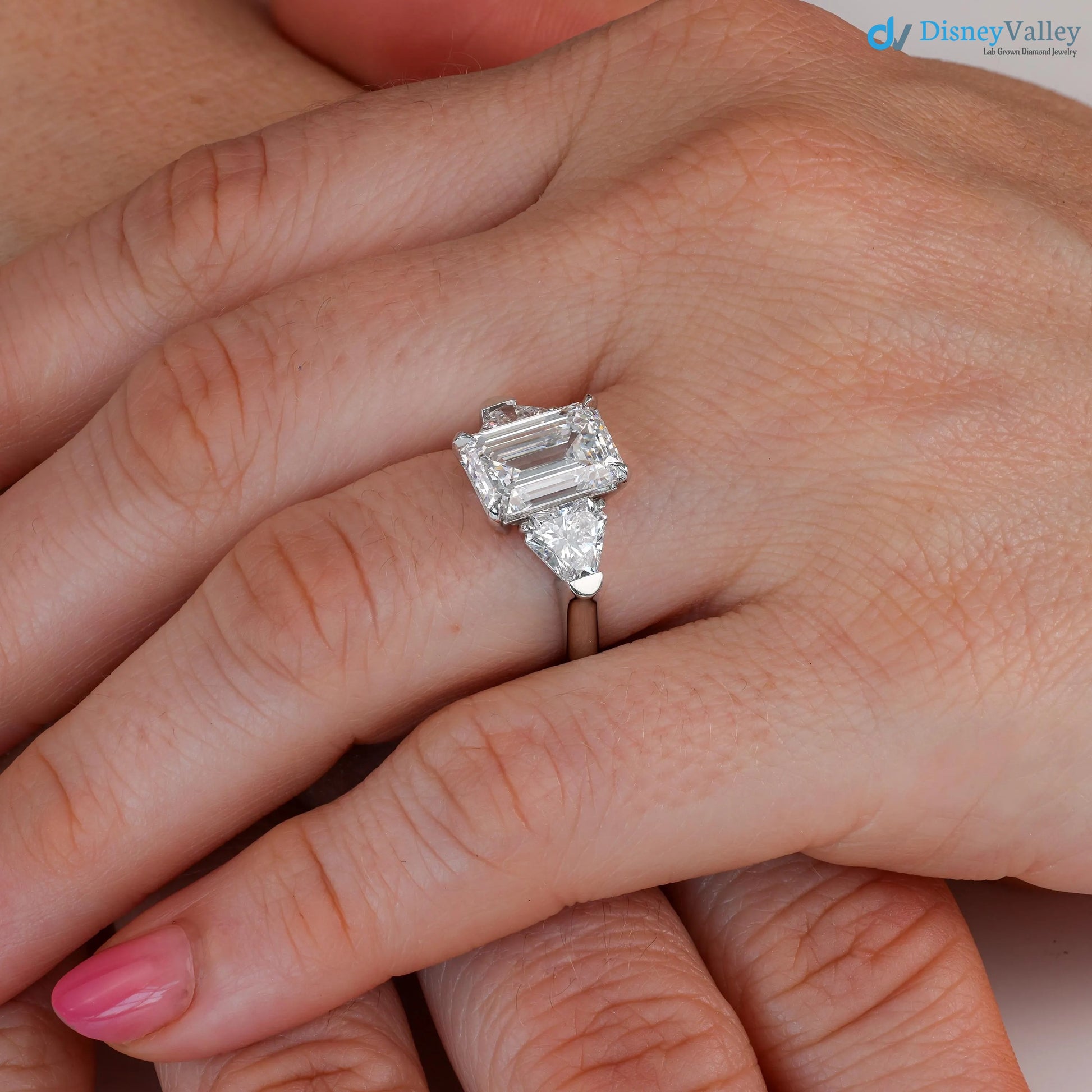 Emerald Cut Three Stone Engagement Ring Calf Cut Side Stones ring - DisneyValley 