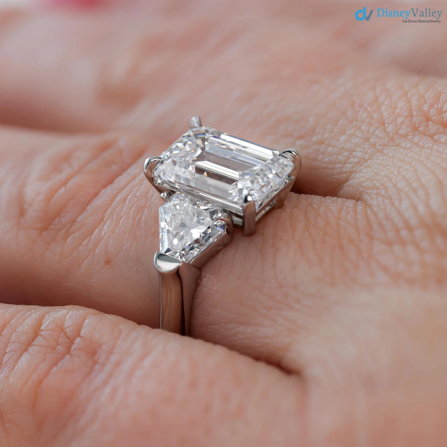 Emerald Cut Three Stone Engagement Ring Calf Cut Side Stones ring - DisneyValley 