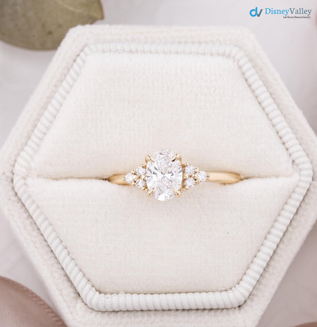 lab diamond engagement ring, oval brilliant cut diamond, diamond cluster engagement ring