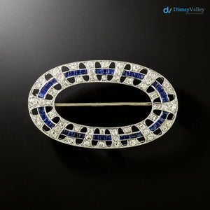 Art Deco Oval White Moissanite Diamond and Sapphire Brooch