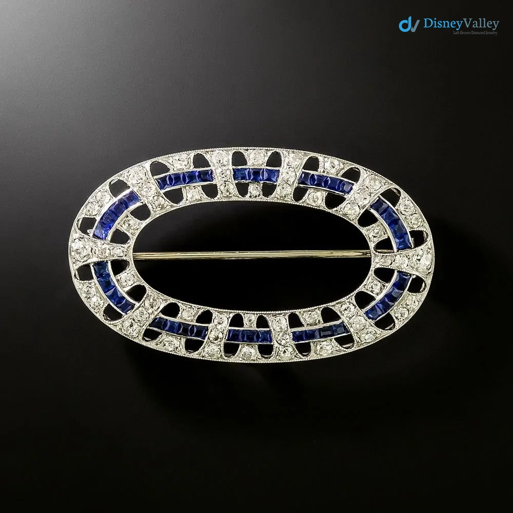 Art Deco Oval White Moissanite Diamond and Sapphire Brooch