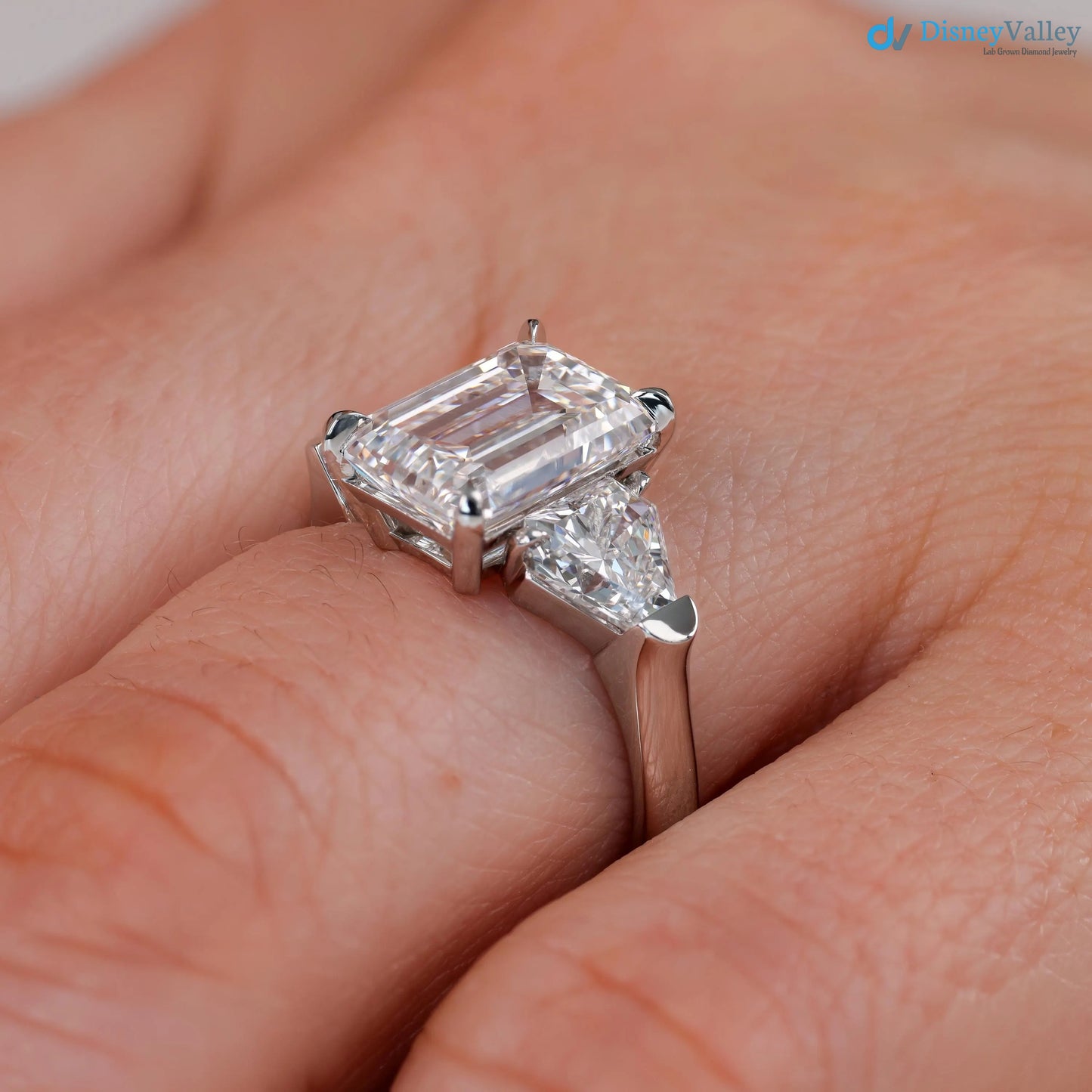 Emerald Cut Three Stone Engagement Ring Calf Cut Side Stones ring - DisneyValley 
