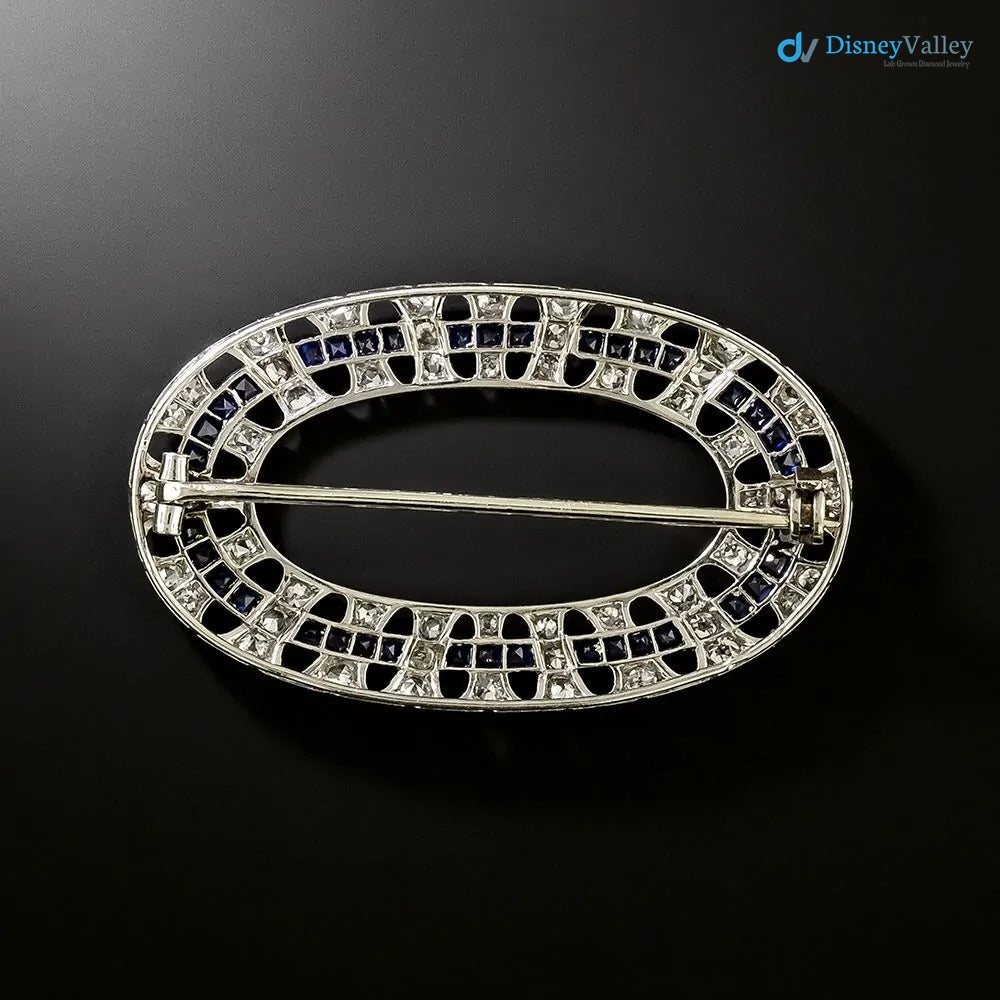 Art Deco Oval White Moissanite Diamond and Sapphire Brooch