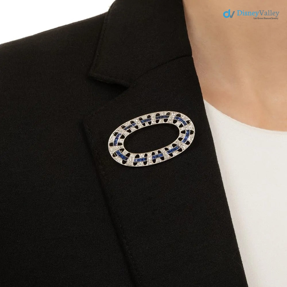 Art Deco Oval White Moissanite Diamond and Sapphire Brooch