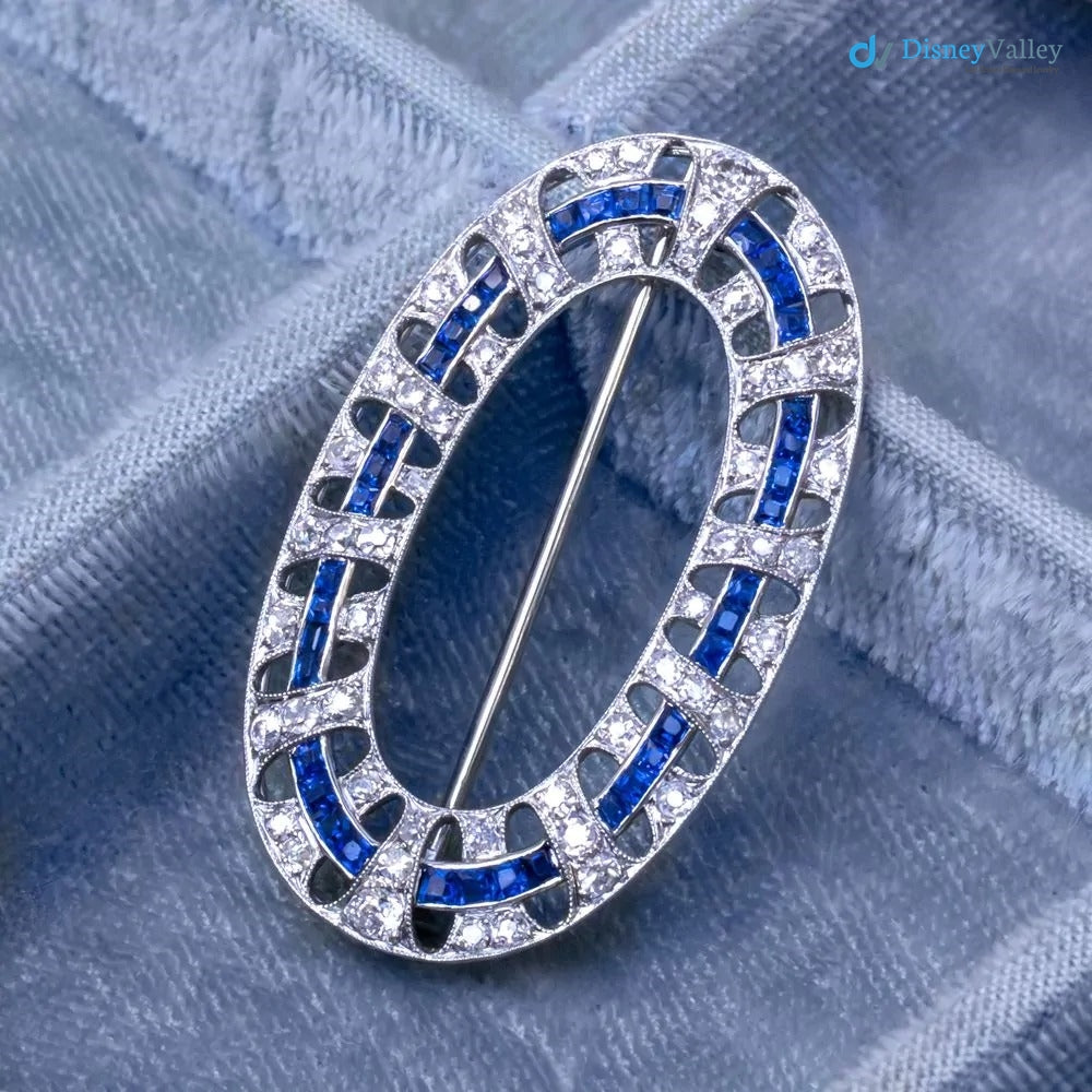 Art Deco Oval White Moissanite Diamond and Sapphire Brooch