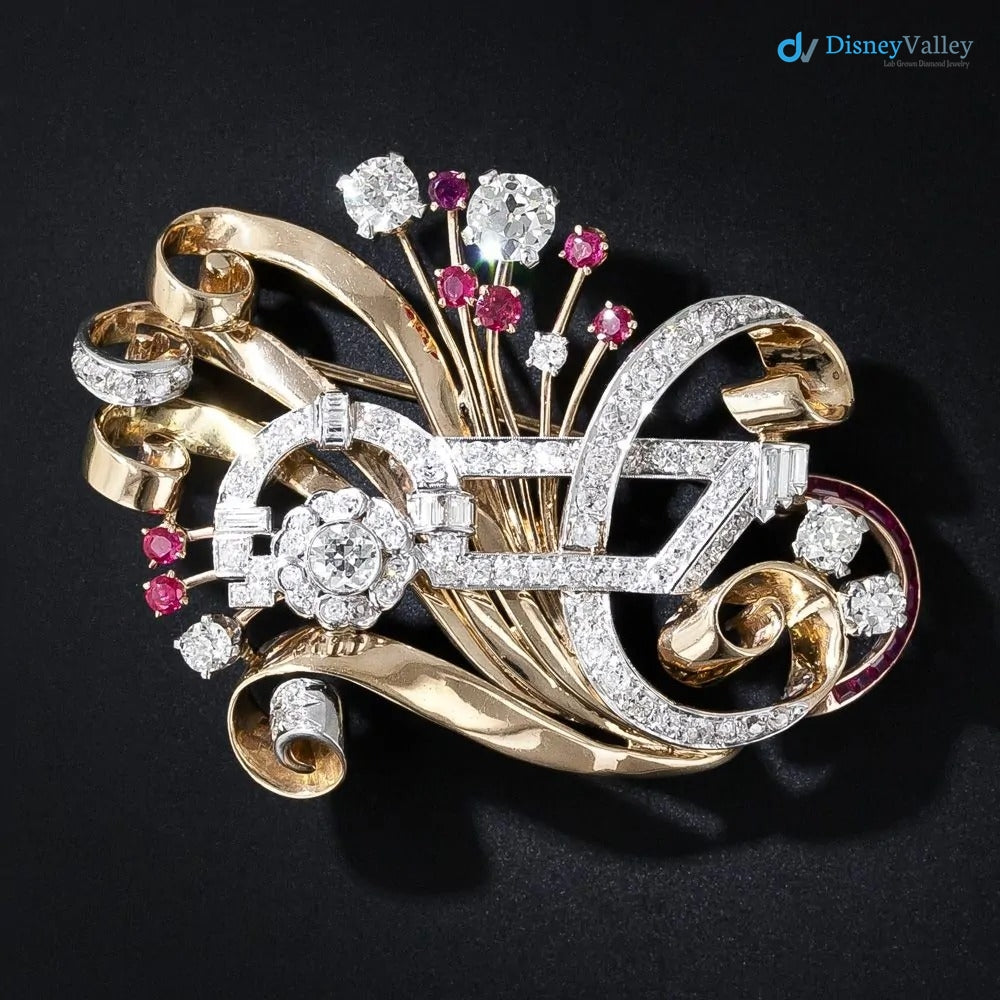 Art Deco Oval White Moissanite Diamond and Sapphire Brooch
