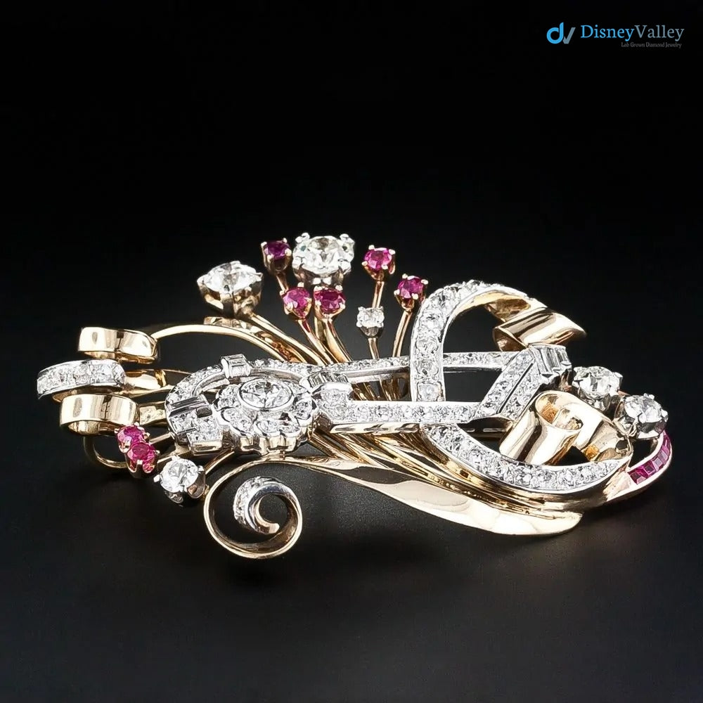 Art Deco Oval White Moissanite Diamond and Sapphire Brooch