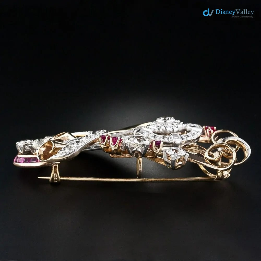 Art Deco Oval White Moissanite Diamond and Sapphire Brooch