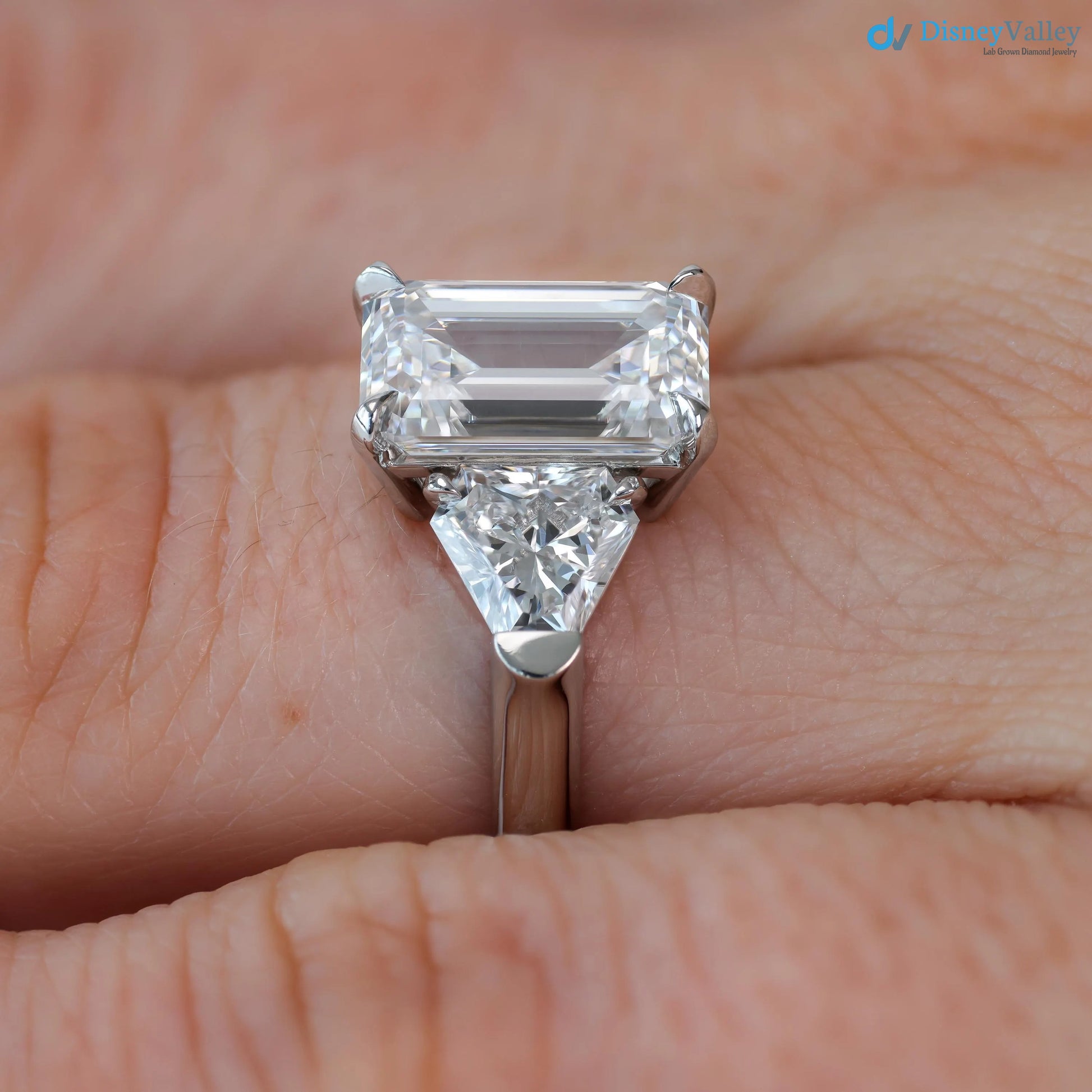 Emerald Cut Three Stone Engagement Ring Calf Cut Side Stones ring - DisneyValley 