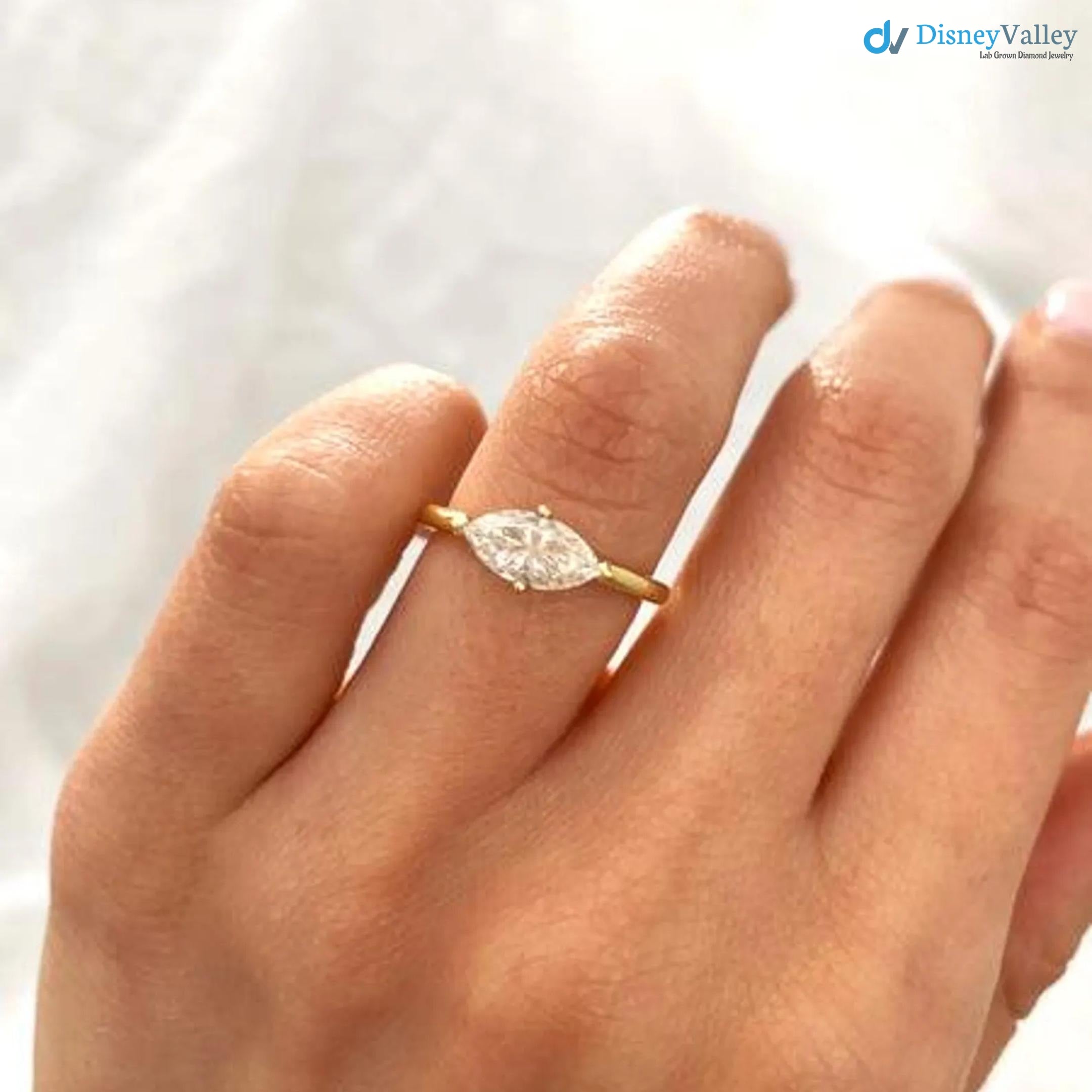 Marquise Cut East To West Set Lab Grown Diamond Solitaire Ring - DisneyValley 