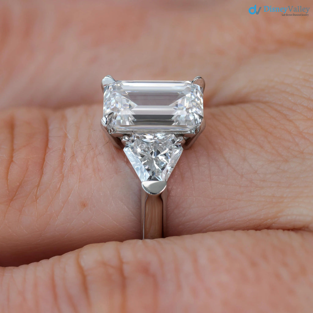 Emerald Cut Three Stone Engagement Ring Calf Cut Side Stones ring - DisneyValley 