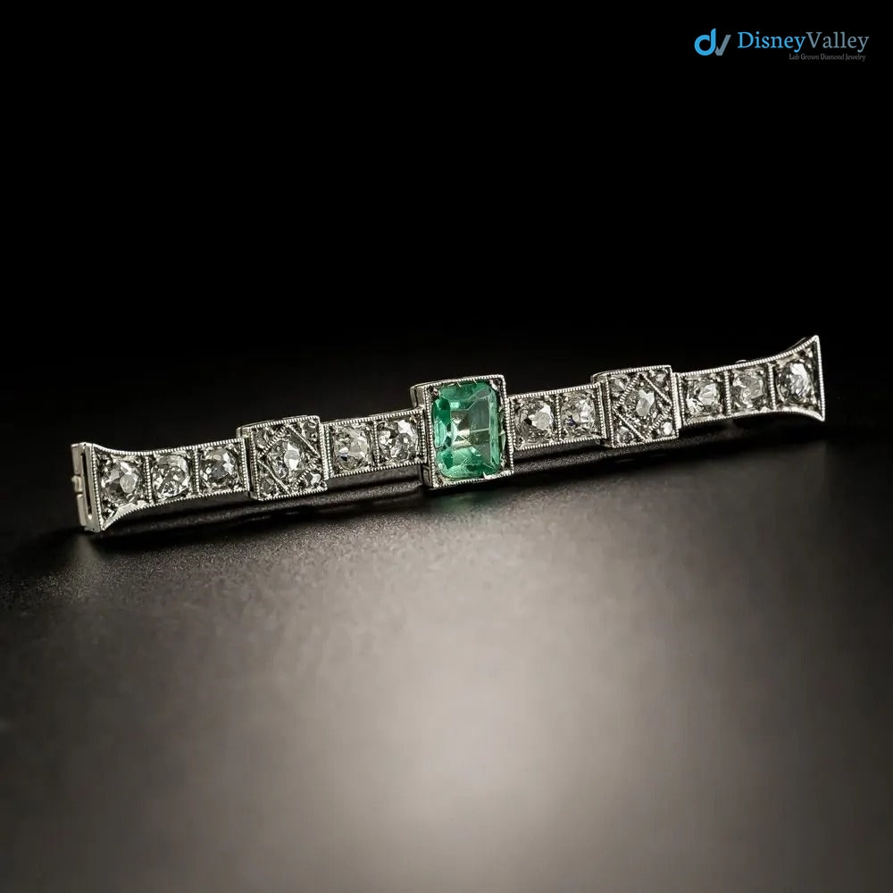 Art Deco green Emerald and round cut moissanite Diamond Bar Brooch