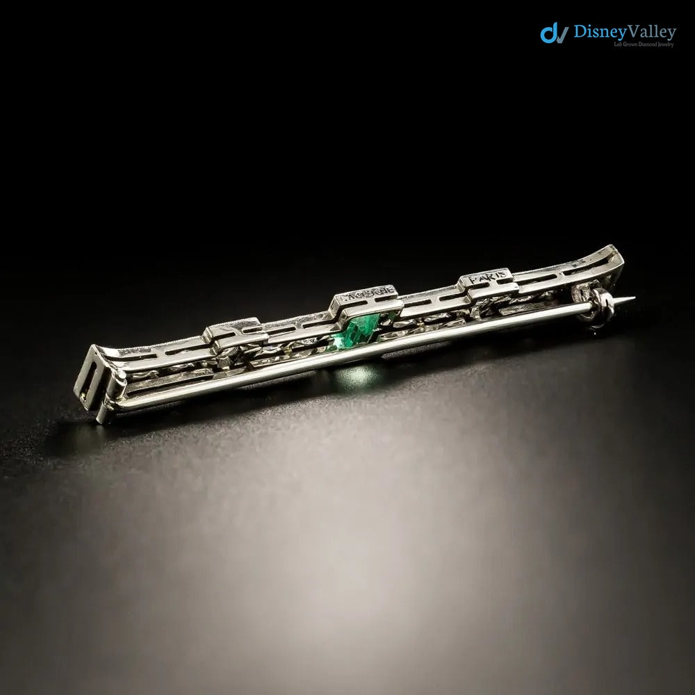 Art Deco green Emerald and round cut moissanite Diamond Bar Brooch