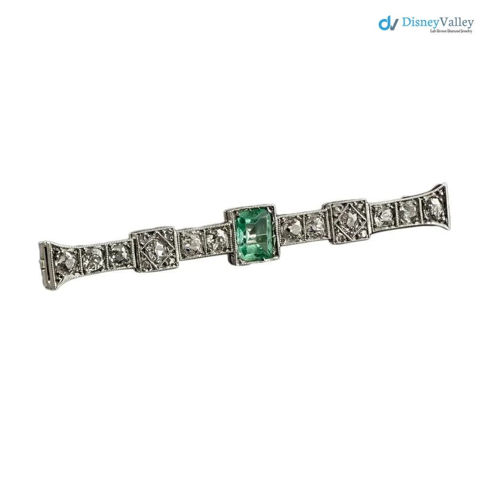 Art Deco green Emerald and round cut moissanite Diamond Bar Brooch