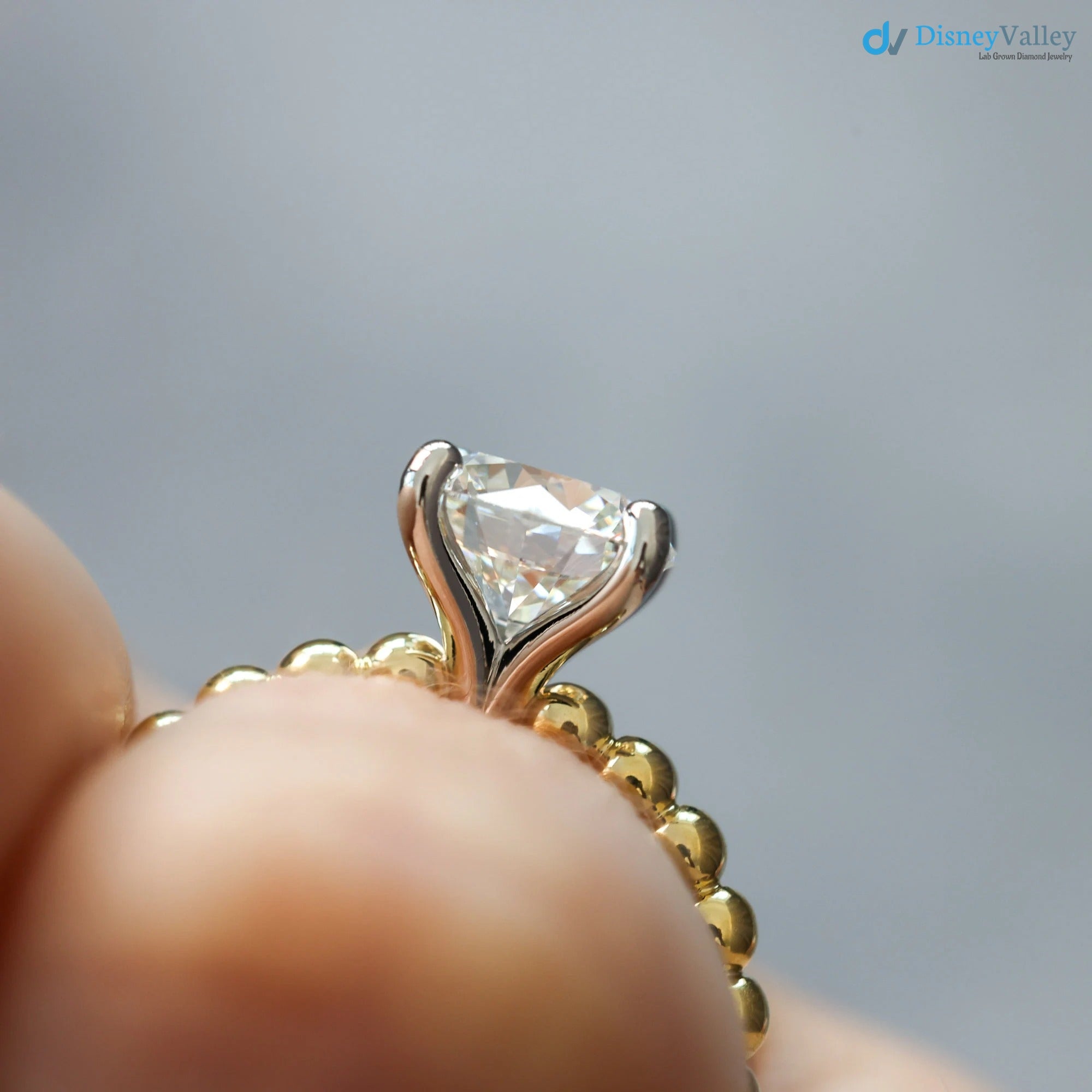 Beaded Diamond Engagement Ring Two-Toned Mixed Metal Solitaire ring - DisneyValley 