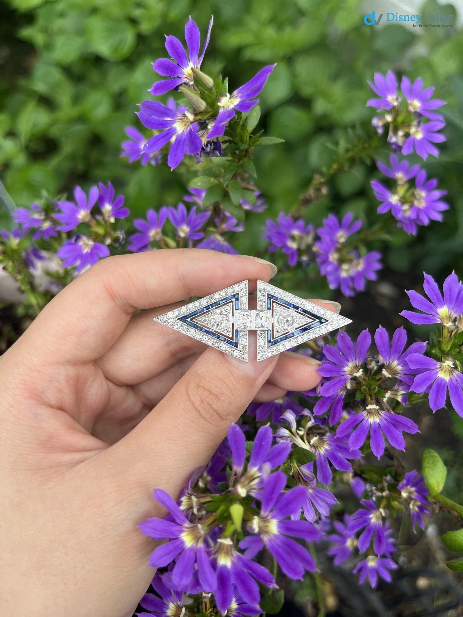 Art Deco dual triangle white Diamond and blue bu Brooch Pin Main image